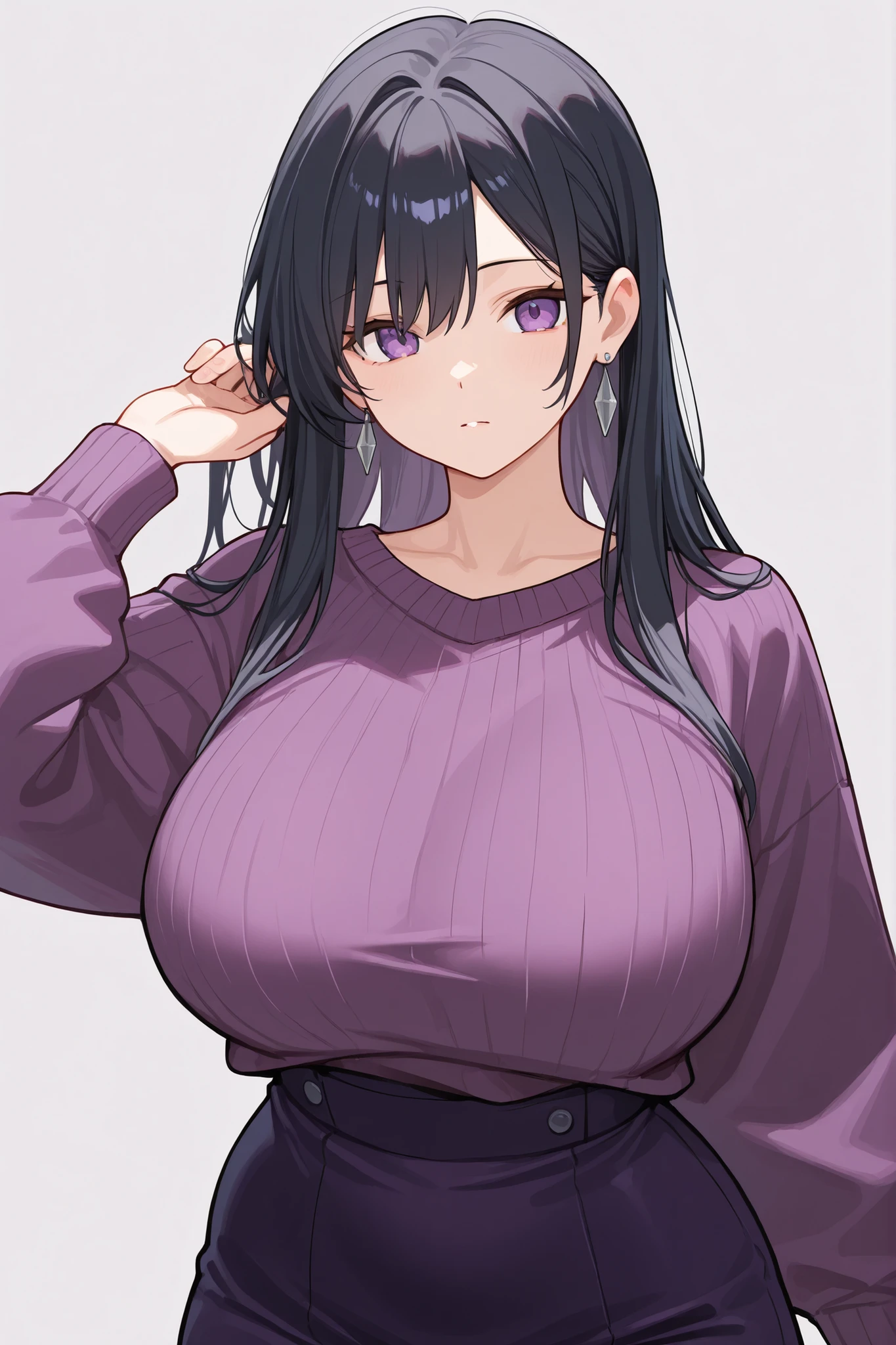(masutepiece:1.2, Best Quality:1.2, Beautiful, High quality, hight resolution:1.1, Aesthetic), Detailed, Extremely detailed, Ambient soft lighting, 4K, Perfect Lighting, Perfect face, Perfect eyes, Paizuri_Keywords, 1boy, 1girl in, @_@, Ahoge, alternate breast size, Bangs, Black hair, blush, breasts, Breasts squeezed together, Closed mouth, Woman Man in Clothes, Clothes lift, erection, hair between eye, hetero, hex maniac \(A pokémon\), Huge breasts, Long hair, Long sleeves, Looking at Viewer, hair messy, motion line, Nipples, , Paizuri, , POV, POV crotch, such as, Purple eyes, Purple hair, Purple sweater, Simple background, Smile, Solo Focus, Sweat, Sweaters, Sweater Lift, turtle neck, Turtleneck sweater, Uncensored, venat, vein , Very long hair, Wavy mouth, White background,