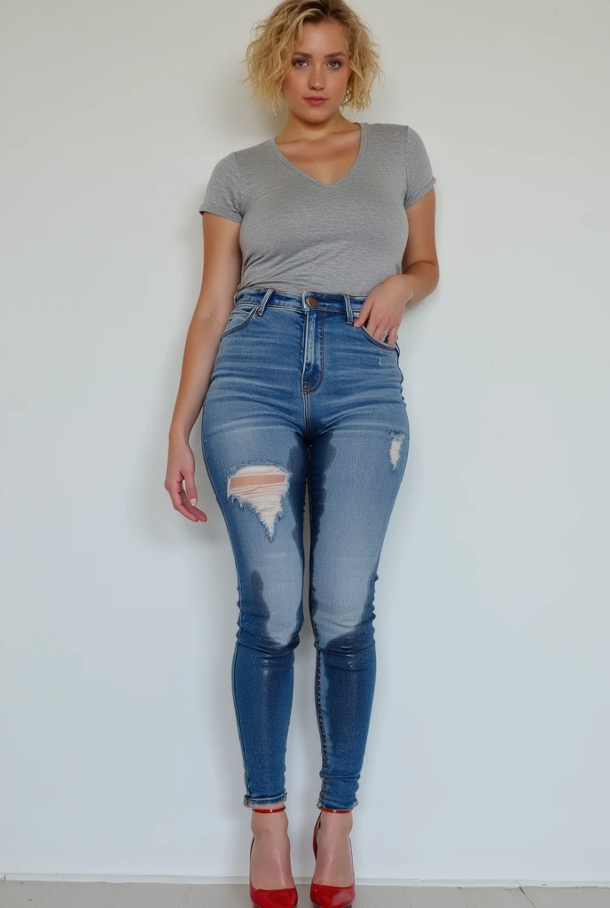 tall thin attractive blonde woman with long legs, blue eyes, messy bob hair, wavy shoulder length hair, tight white blouse and white business pants, black high heel pumps, ((show heels)), inviting smile, (peeing self), ((shins wet with pee)), ((jeans gleaming wet with pee)), standing in puddle of pee, (((pee pouring from crotch of jeans))), standing in an office