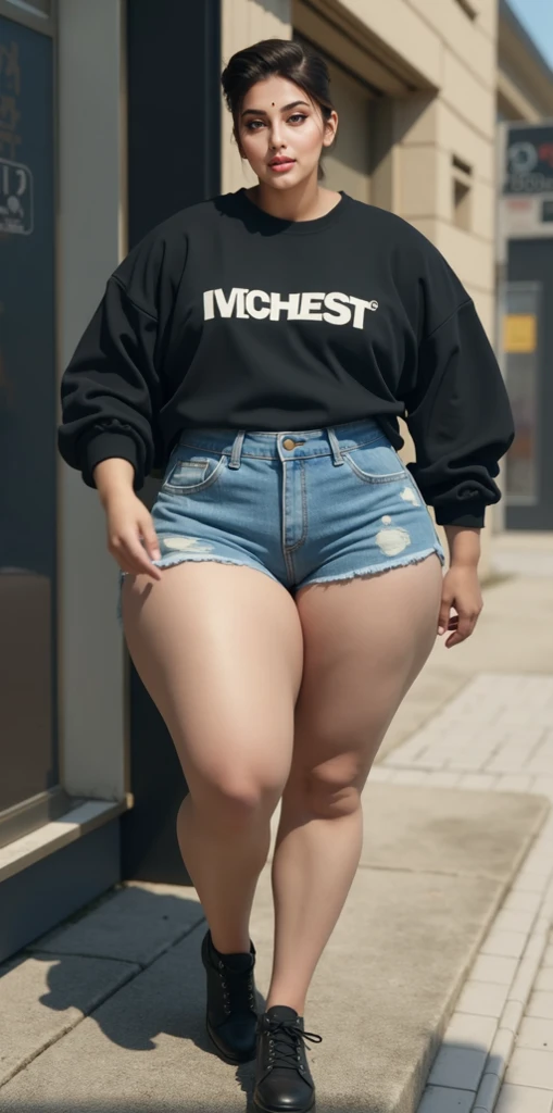 arafed woman in see through clothes holding a sign, clear shorts, torn shorts, exposed thighs, exposed thighs!!!, short shorts, large thighs, denim shorts, festival vibes, thighs, high waisted shorts, wearing denim short shorts, booty shorts, denim short pants, shorts!!, 😭 🤮 💕 🎀, Big tits, huge tits, no clothes, sexy, cute, wide hips, thick thighs, pear-shaped body, minimal clothes, thick, extra wide hips, bbw, wide girl, giant tits,  busting out, nipple showing, tight dress, tits spilling out the side, sideboob, fat showing, minimal clothes, thick, thicc, upper body zoom, showing waist, major cleavage super wide hips, thick thighs, huge round tits showing, naked, no clothes 