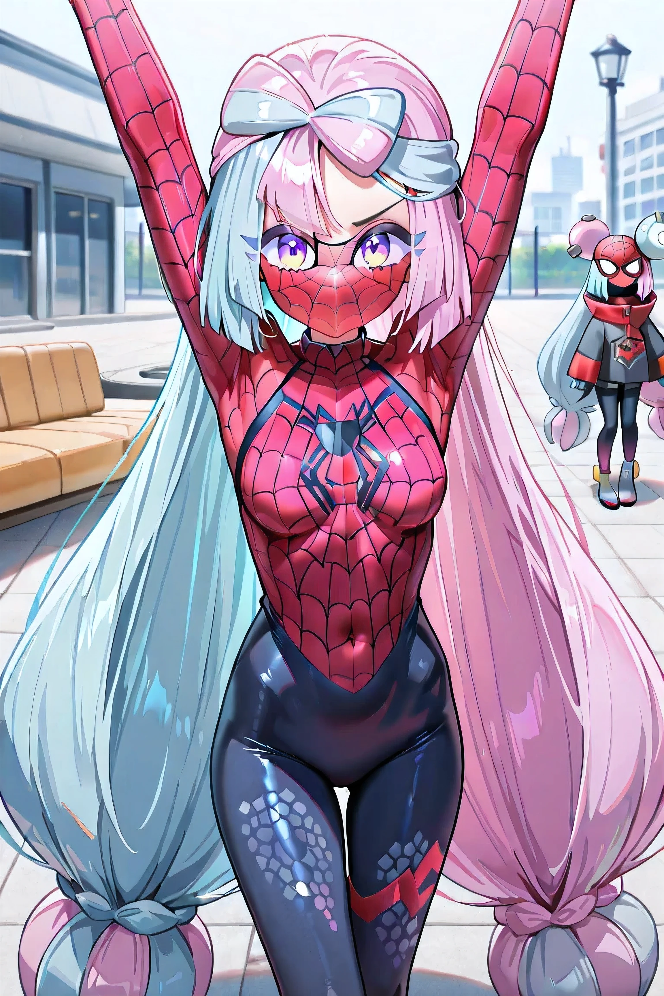 Iono (Pokémon Scarlet and Violet), young girl, ((((Just 1 Iono)))), Medium breasts, very long hair, loose hair, hair over the mask, bicolor hair, light blue and pink hair, arms half raised, extremely detailed face, spider-man costume, bicolor costume, pink and blue costume, spider-man mask covering the entire face, extremely detailed clothing, on a roof, de noite, seen from the front, facing the spectator, 4K, Best Quality, obra-prima.