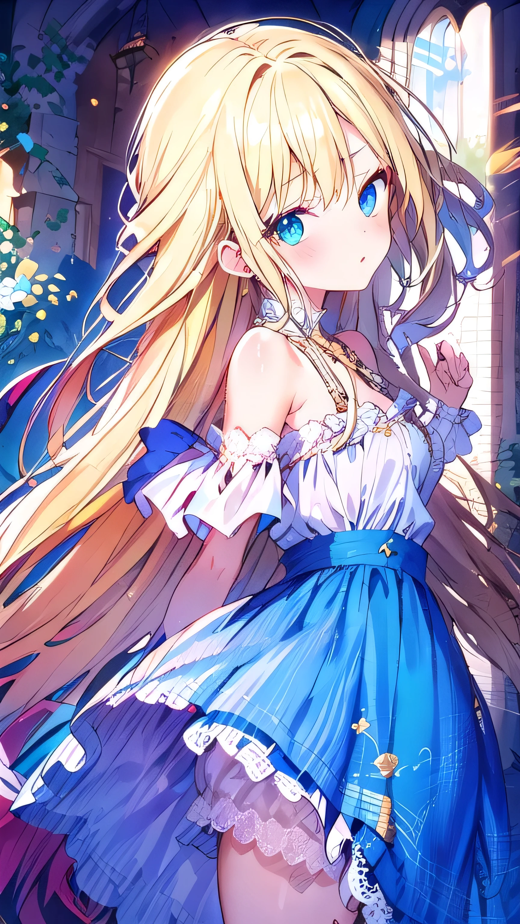Jolie fille, bare shoulders, Lace skirt, blond, sur le , long hair, chercher, hair, window, rideau, sunlight, cheveux brillants, yeux bleus, curie, jardin, Are standing