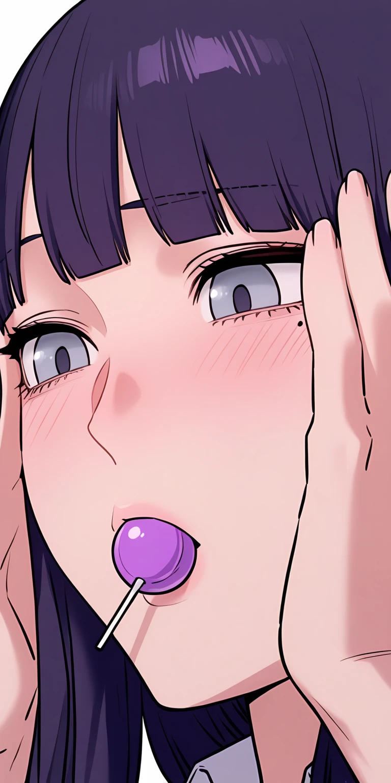 score_9, score_8_up, score_7_up, score_6_up, score_5_up, score_4_up, source_anime, 1girl, nude, raven \(dc\), (grey skin), nude, purple lips, forehead jewel, short hair, blush, straight-on, in heat, aroused, naughty face, open mouth, purple tongue, plump lips, heavy breathing, upper body, face focus, (arms at sides), purple aura, dark aura, dark background, ((hearts)), steam cloud, sweaty, 1boy, large penis, long penis, testicles, penis awe, (penis over eyes), penis on face, foreskin, (phimosiale pubic hair, saliva drip, purple lipstick, lipstick ring, lipstick mark