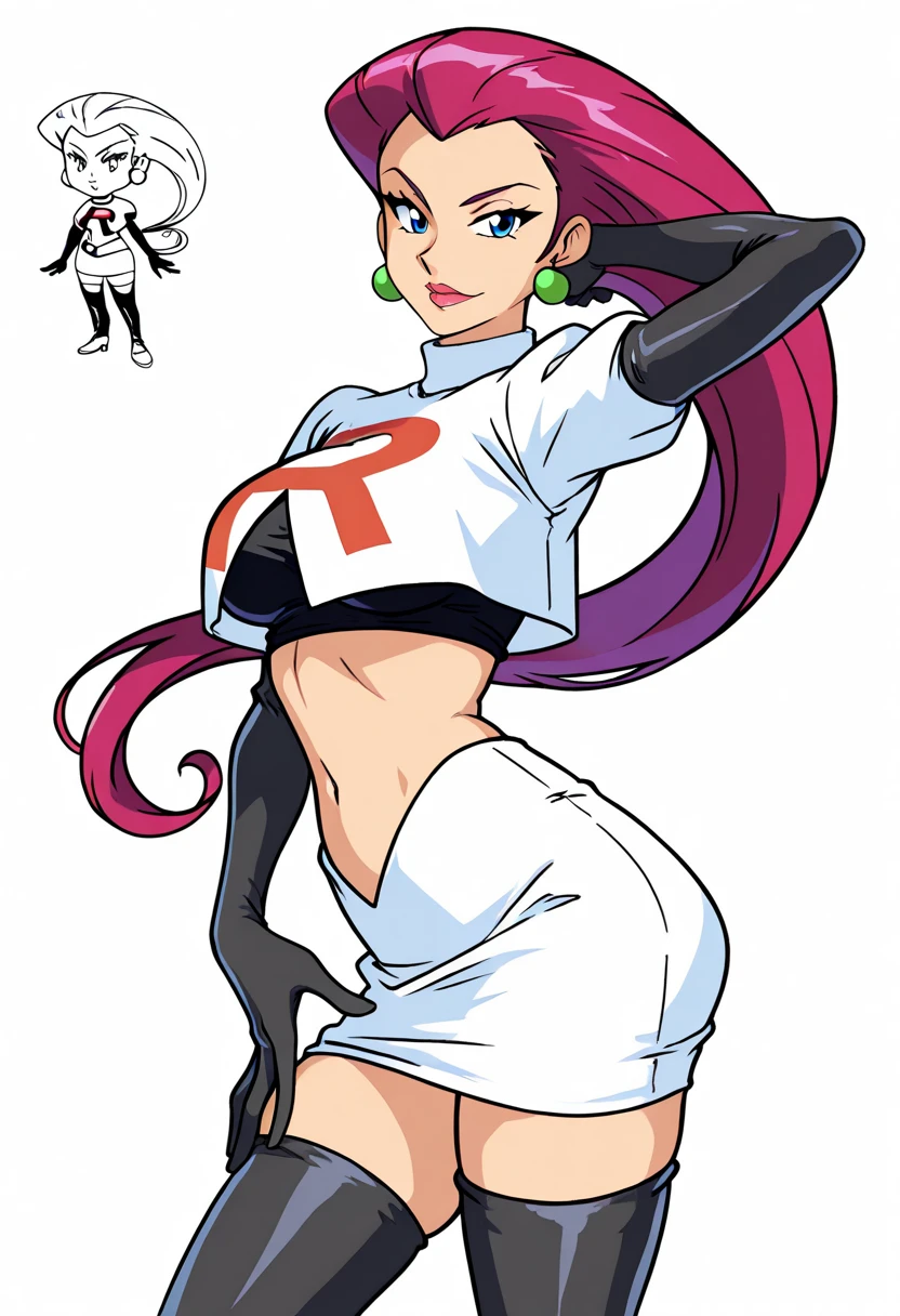 age gap aged up cornered crop top fanart fully clothed grooming jessieteamrocket latex boots latex gloves low angle view midriff mini skirt no panties older woman pointing at pussy pov pov eye contact uniform,jessie (pokemon) team rocket