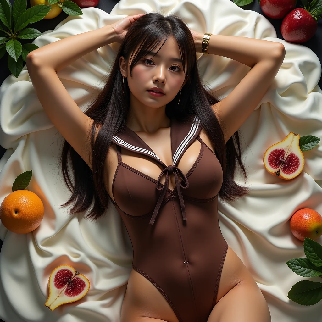 (((Shot from above))), Cowboy shot, White skin, (Masterpiece: 1.4), (Best quality: 1.4), Beautiful girl, ((Nipples: 1.1)), Cute smile: 1.2, Teeth, (( Big breasts)), ((model body type)), Japanese, 20 years old, cute face, (sad face: 1.2), ((bondage costume)), bondage, harness, O-ring, gaze, short hair, supermarket , a large metal wagon, fruit, ((a large amount of fruit around a woman's body)), (((a large amount of fruit on a woman's body))), ((a woman is buried in a large amount of fruit) ))), (((Lying on his back on a large metal wagon))), (Full body: 1.6),