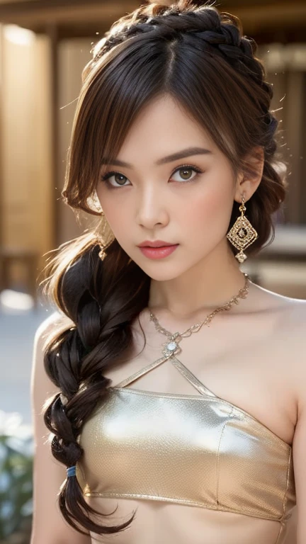(Raw photography:1.5),(top-quality:1.5)、(masuter piece:1.5)、(hight resolution:1.5)、(Raw photography:1.5),(Photorealsitic:1.38)、(sharp focus:1.5)、 ((sexy ultra hot japanes,17 only、High school students))、One girl、((Cowboy Shots)),((Woman with body like bodybuilder:0.6,abdominals:1.4,Sculpted muscular thick arms and sculpted muscular thick legs:1.4,)),((tall:1.2)),((disproportionately long breasts、Disproportionately large breasts:1.8))、Constriction、(thin-waist:1.2), ((fair white skin))、 ((Delicate and perfect face,beatiful detailed eyes、double eyelid、Lolita's face smiling gently))、 ((tierra、large earring,A large necklace with a luxurious look on the neck:1.5、Luxurious necklace set with diamonds:1.5,Fishtail Long Dress:1.5)),((Curly and frizzy hair)), ((Lower your arms to the sides of your body:0.2, is standing))、indoors , full waist up pose , upper knees pose , ((Stairs of a European castle illuminated by a moonlit night))、 looking at the viewers、Facing the audience,Moonlight、