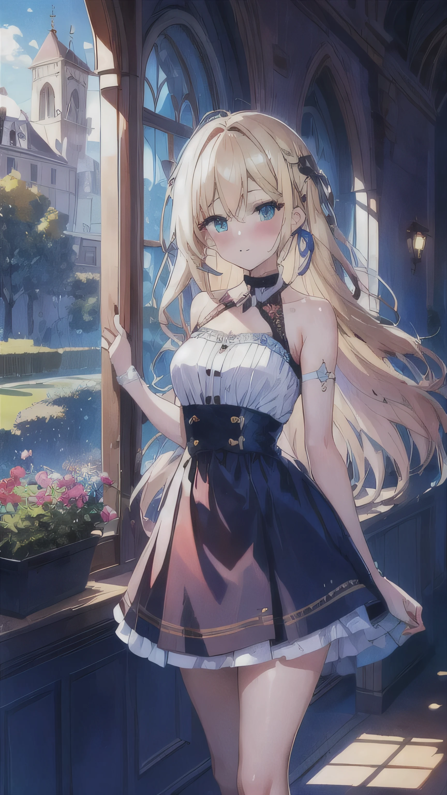 Jolie femme, bare shoulders, Lace mini skirt, blond, sur le , long hair, chercher, hair, window, rideau, sunlight, cheveux brillants, yeux rouges, curie, jardin, Are standing
