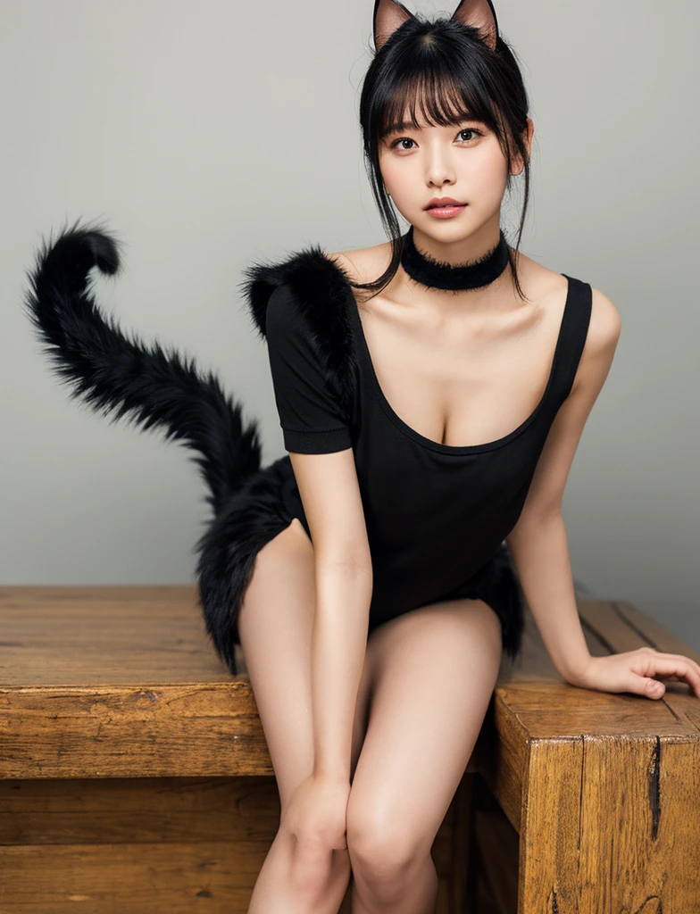 high quality, 16k, pro photo shoot, extremely detailed photo, award winning photo, depth of field, portrait, gorgeous fluffy luxurious carpet, （1girl), 20yers old, actress face, model face, detailed face, red cheeks,  full body, ?????????, ((paw pose with human hands)), extremely ????????????, half girl half cat, beautiful cat fur, cat ears,  ???? black cat tail