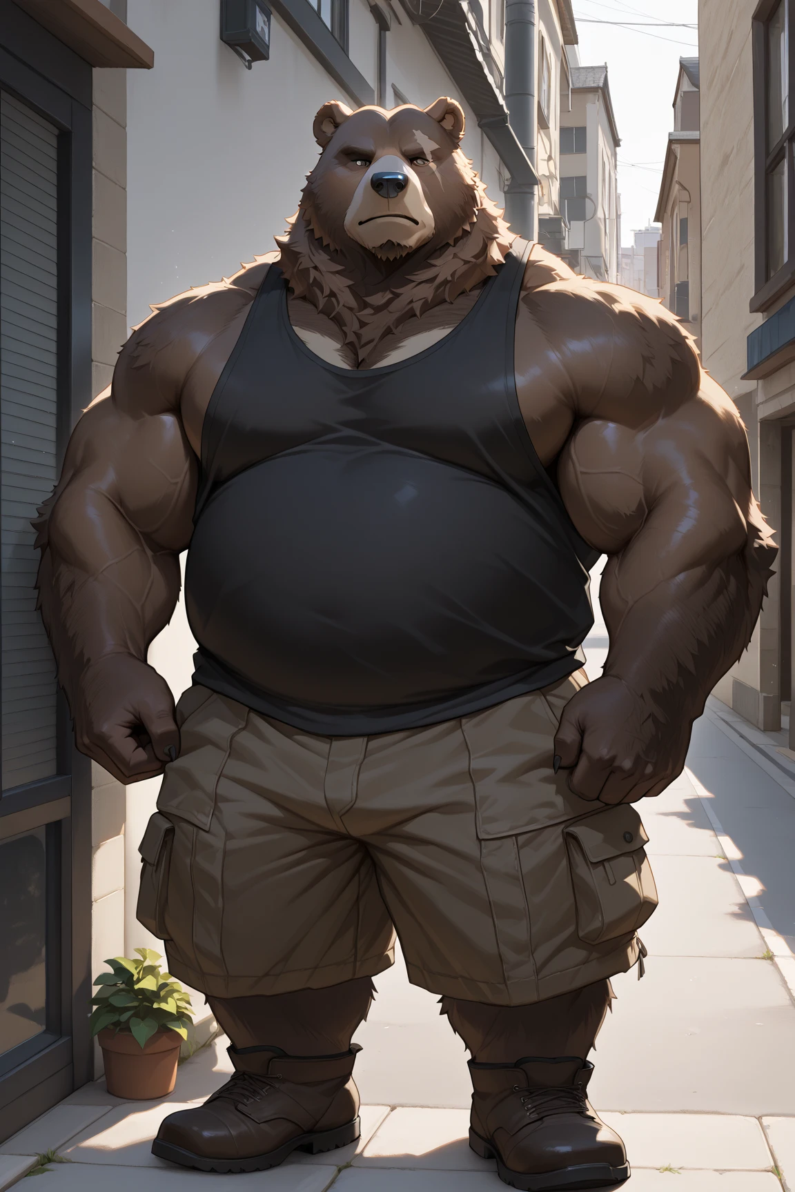 lucusold, lanxus, a man with a huge belly hugging a bear, fat ripped , thicc, lowres, giant and fat, danbooru and artstation, heavy detailed, insanely inflated hips, topless, shorts, proportionally enormous arms, fluffy chest, commission for high res, detailed but rough, semirealistoc:1.3