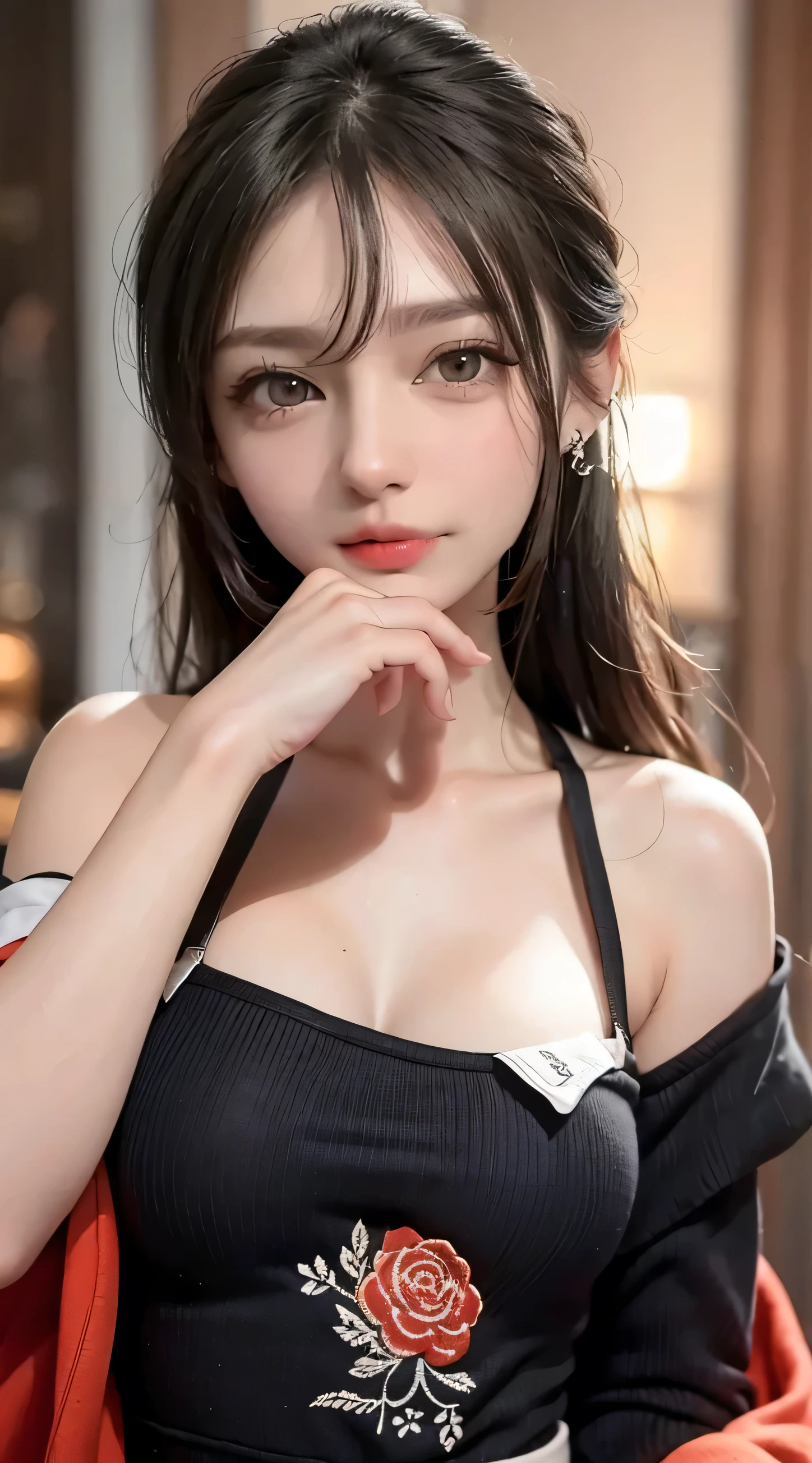 light-brown hair, small breasts, slim waist, thick thighs, shapely butt, slim body, ponytail, (((tight blouse))), (((sultry look))), cleavage, necklace, seductive posture, breast squeeze, downblouse, leaning forward, park, path, trees, flowers, distant city in the background, looking at viewer, sultry look, (((selfie)))