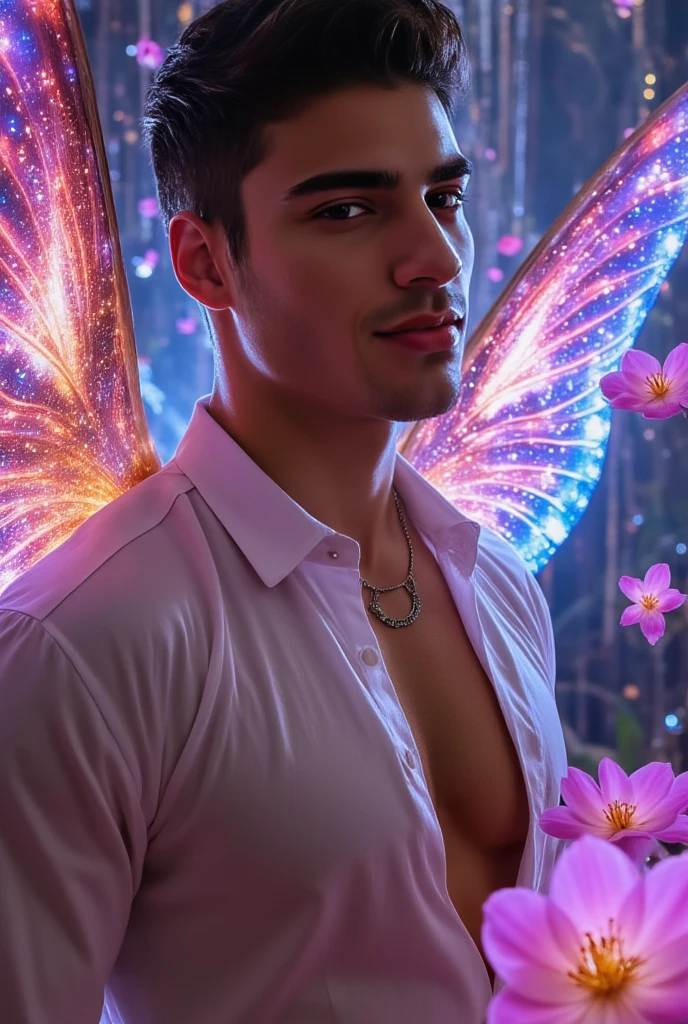 (8K, RAW photo, Highest quality) masterpiece, ung boy, 18 years old, Asian muscular man Look at viewer, standing forward, showing his huge muscular breasts, puffy nipples, sexy six packs, narrow waist, Handsome, Topless, Thick body hair, man wearing nothing completely naked, sitting on the floor, correct looking penis, well-shaped penis, smooth penis and balls, erection . , butterflies on his body, butterflies flying through the air, gradient background, Sparkle & Sequin Backdrops , cinematic lighting, UHD
