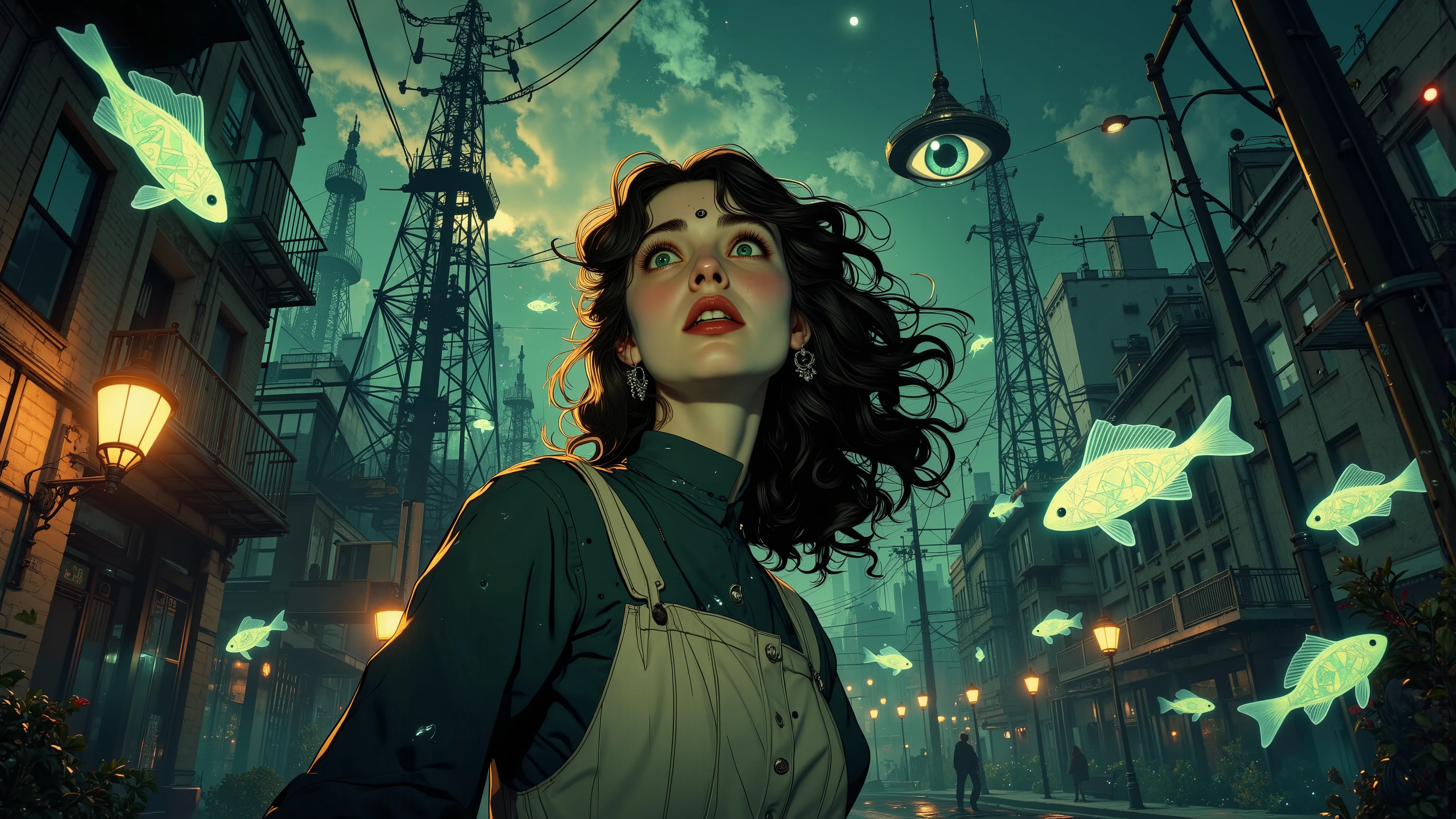 Alice Liddell, street lights, (black light), tilt angle, Eye of Providence, fisheye lens, mad, lunatically, creepy, glowing geometrical fish, radio tower, 16k, UHD, HDR, masterpiece, award winning