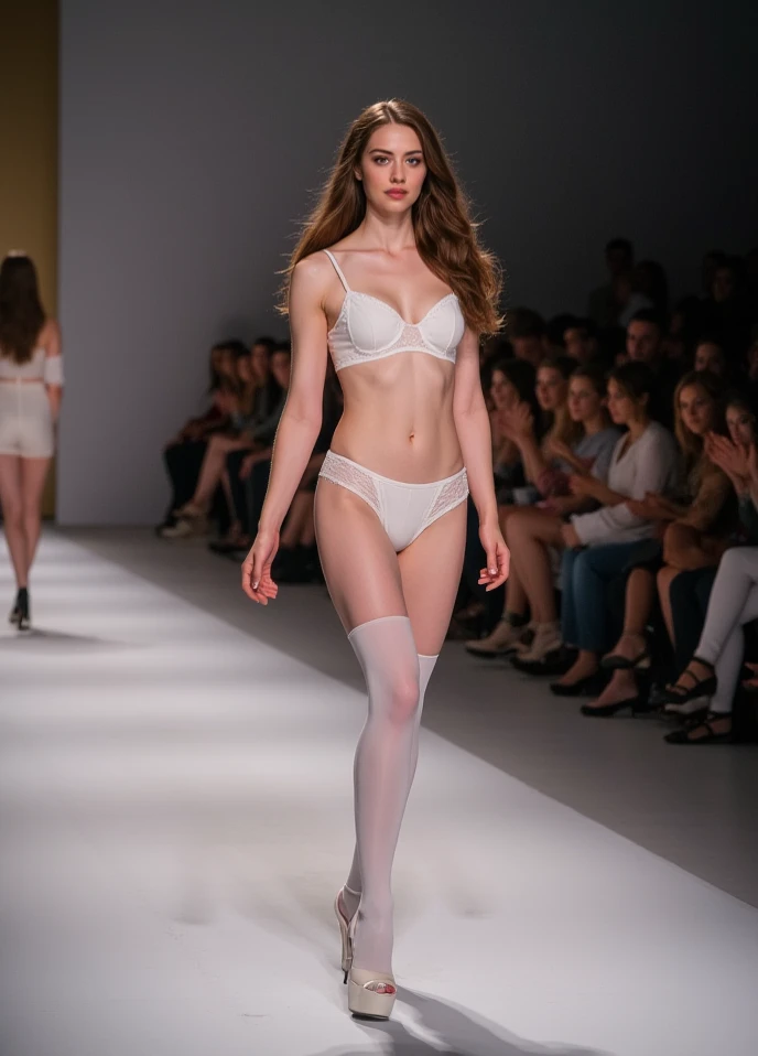 Photo of a beautiful dark blonde girl, the White, wearing tight lingerie , Sie ist auf einem Laufsteg, Modelshooting, es ist abends messy medium hair, slim body, Ansicht von vorne, (Full body shot), Blick in die Kamera, sweet smile, shallow depth of field