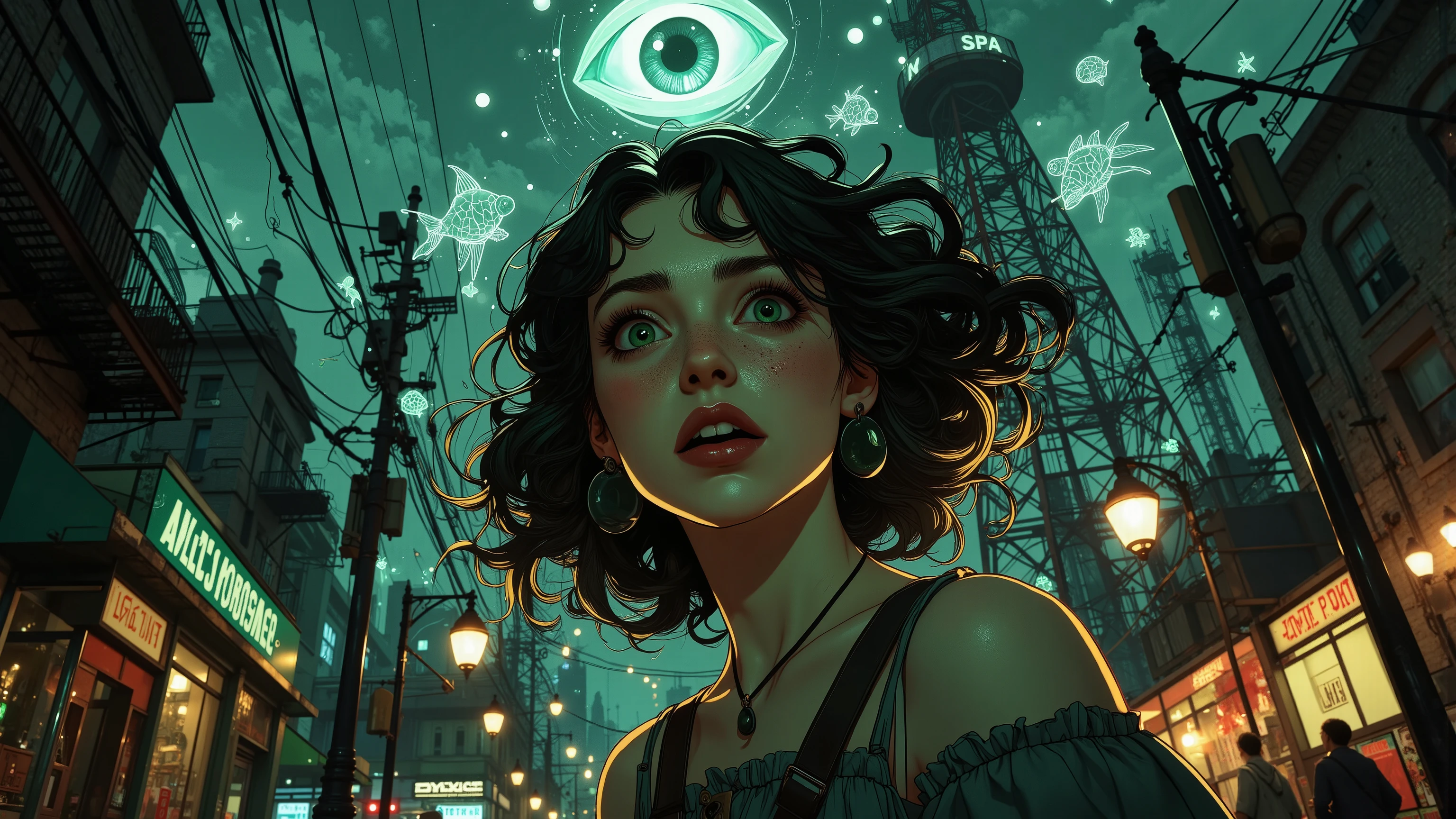 Alice Liddell, street lights, (black light), tilt angle, Eye of Providence, fisheye lens, mad, lunatically, creepy, glowing geometrical fish, radio tower, 16k, UHD, HDR, masterpiece, award winning