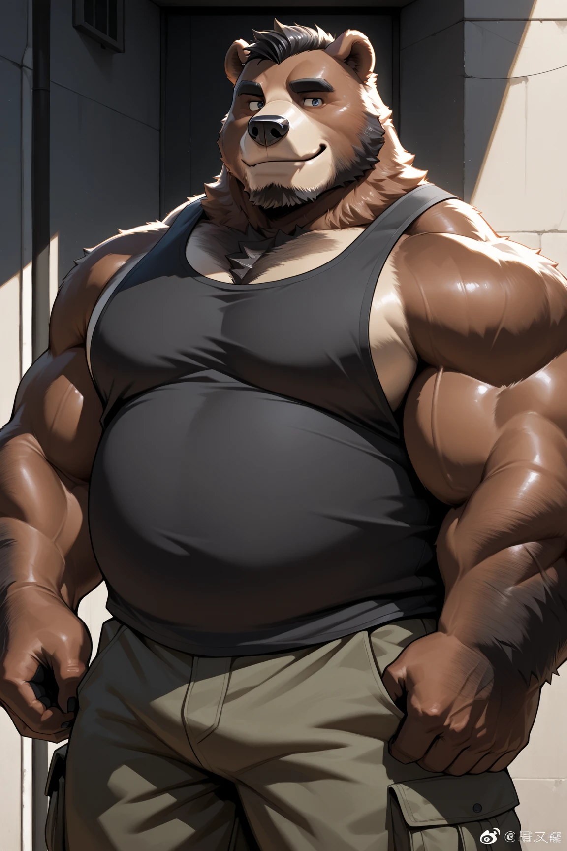((solo, one bear, 1man)), muscular bear wear working as gym coach, gym tank top uniform, furry, an anthro (bear), an anthto, a old man big muscular, happy expression, extremely detailed muscle, detailed face, face, detailed eyes, eyes, detailed muscle, realistic rendering, CG realistic, 3d realistic, photography, gym background