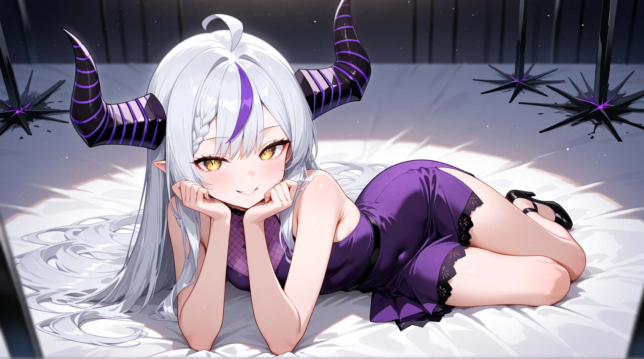 masterpiece, Highest quality, Ultra-fine illustrations, Perfect Anatomy, Perfect Eyes, Correct Anatomy, Perfect Proportions, Perfect Face, Perfect hands, Perfect Legs, Perfect Fingers, Perfect hands, Professional Lighting, Highest quality, Super detailed, Very delicate and beautiful, 4K, 8K,,One girl, It has horns、Long Hair、Purple Hair, Embarrassed look, Fits the frame, solid green background, masterpiece, Highest quality, Ultra-fine illustrations, Perfect Anatomy, Perfect Eyes, Correct Anatomy, Perfect Proportions, Perfect Face, Perfect hands, Perfect Legs, Perfect Fingers, Perfect hands, Professional Lighting, Highest quality, Super detailed, Very delicate and beautiful, 4K, 8K,,One girl