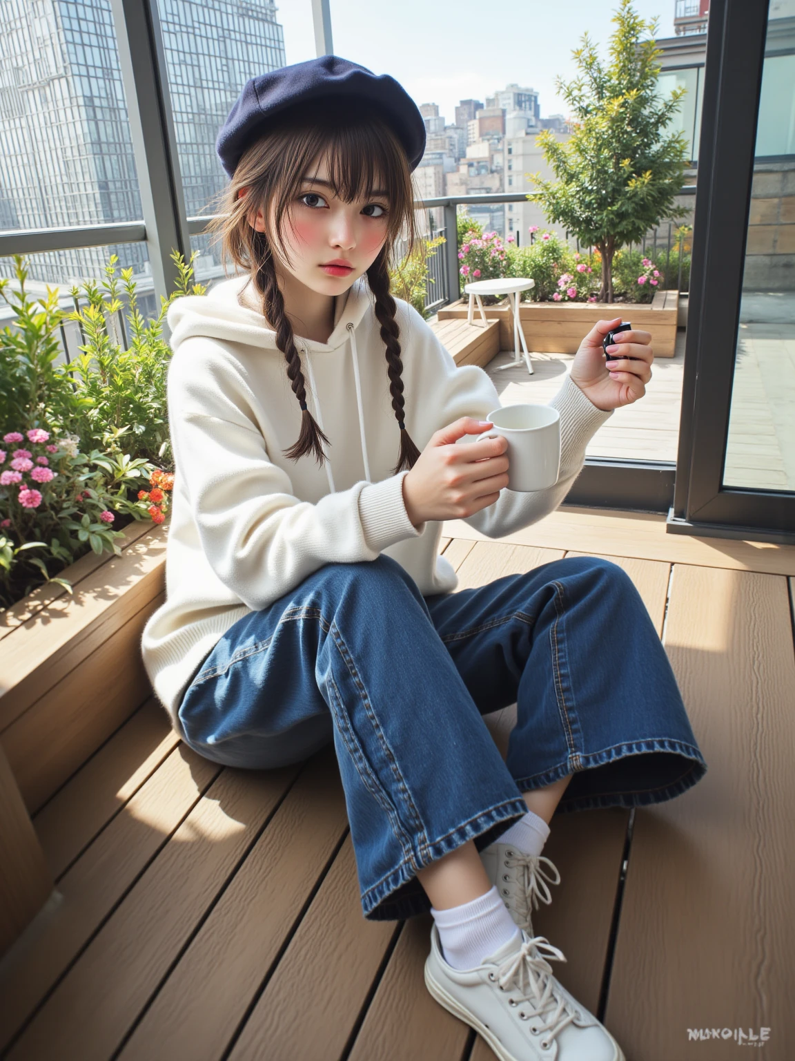 woman's left foot, navy blue sock, white low-top sneaker, concrete floor,