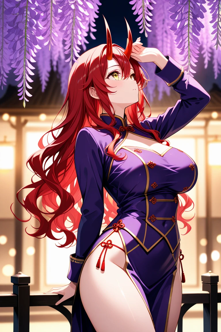((masterpiece)), ((best quality)), 1girl, long hair, big bust, an adult woman with very long red hair, ((sexy pose)), transparent bodysuit, arms up, ((bangs covering eyes)), upper body, close-up, wet skin, underwear, ((wavy hair)), ((blue lingerie)), without pants, (night), long stockings, sexy lingerie, queen, alone, yellow eyes, emotionless, ((seductress)), straight hair bangs, very long red hair, evil, (yellow eyes), flirtatious, front, moonlight, medium chest, head-to-waist portrait, cinematics, (solo), color oil painting, cinematic lighting, extremely detailed face, finely detailed face, beautiful face, beautiful eyes, perfect lighting, depth of field, (realistic proportions), (good anatomy)