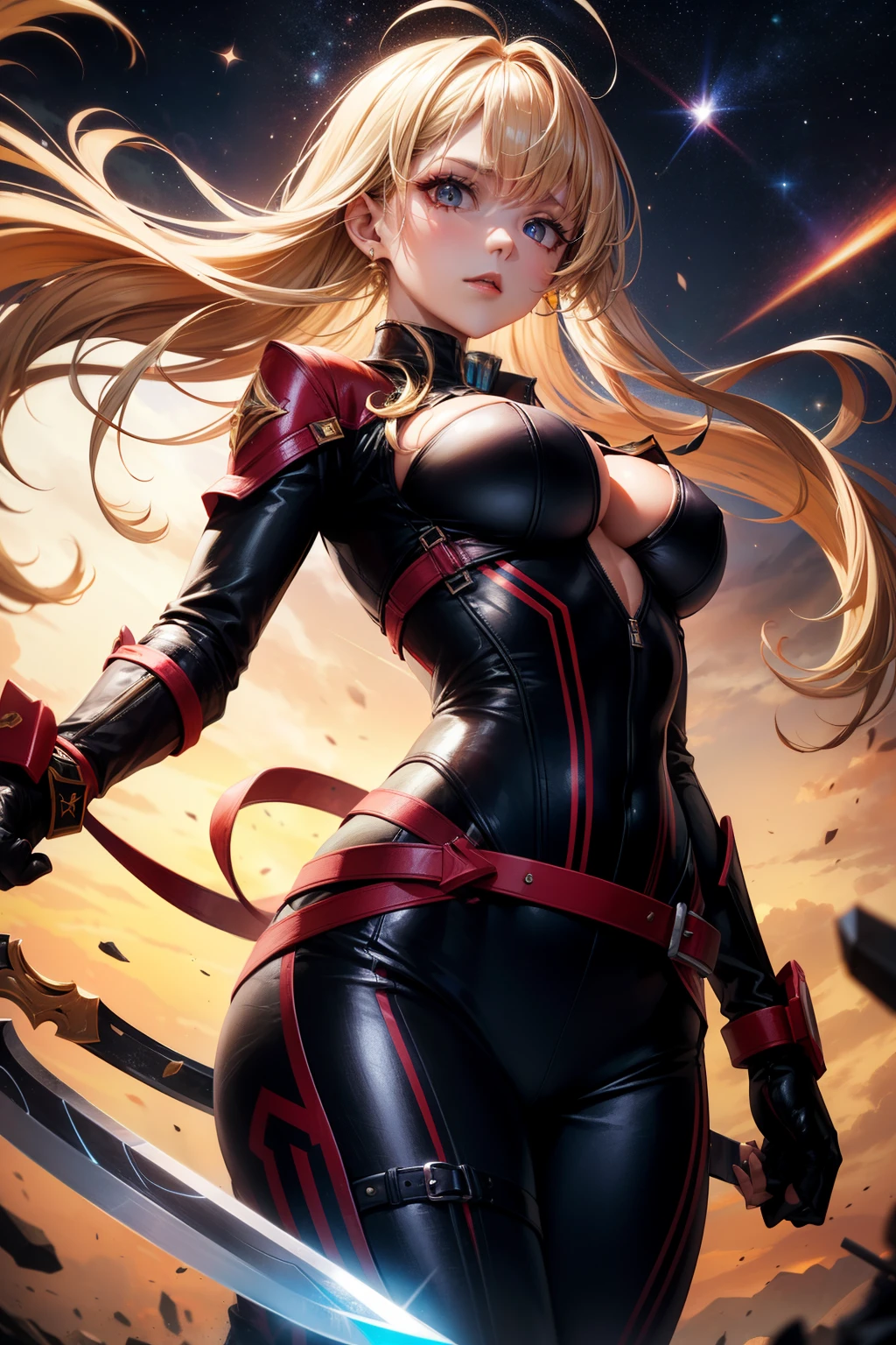 Create a captivating female android character with an elegant bunny style. With blonde hair, purple eyes, The armor, in a subtle shade of gray, features on the chest a striking red circle with a bold colored letter D. black. The square-shaped shoulder pads add a touch of robustness to its presence, while the waist is adorned with a shiny gold band, highlighting its elegance. The forearms incorporate retractable blades, providing an element of controlled danger. The face, divided in two, reveals on the left half an enigmatic rabbit mask, meticulously crafted in metal, with a red lens that intensifies its mysterious gaze. The combination of these elements creates a unique character that fuses grace, strength and a touch of mystery.