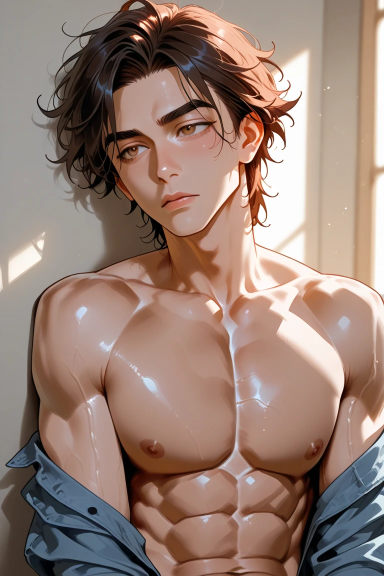 (masterpiece, best quality, ultra-detailed), (1boy:1.4), male focus,  black hair, balcony, (blush, embarrassed:1.5),  penis, chastity cage, <lora:test-15:.9>, bottomless, completely nude,  nude, arms behind back, looking to the side,  <lora:lora_perfecteyes_v1_from_v1_160:1>
