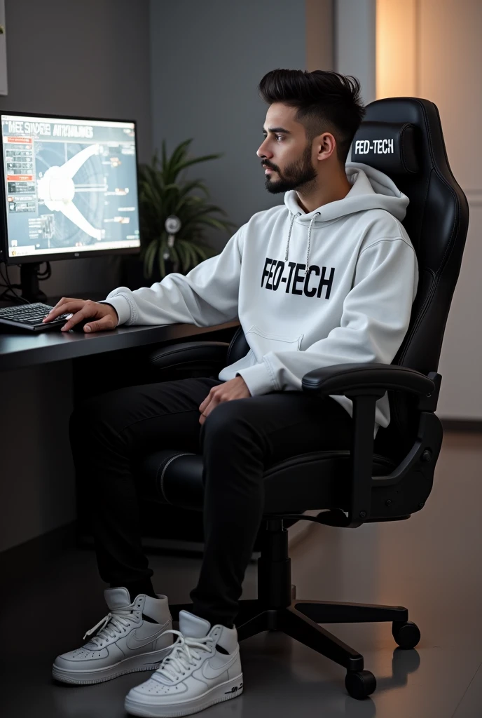 Handsome malay man, black hoodie, spectacle, sitting on gaming chair, cowboy shot, realistic, 8k