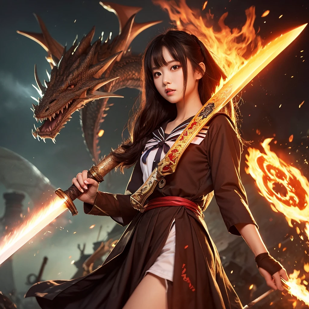 female, He carries a white cane decorated with the Japanese symbol for life., Blue flames coming out of the decoration, A dragon came out of it、A blue wind blows with a skull ghost, Perfect Judy with a face and scythe，The female is dressed in a white outfit made of scythe steel, The female&#39;s hair is white, The woman is an incarnation of God., Dragon on background，(The background of the CG 8k module is very detailed) (Highest quality), (Best illustrations), (Best shade), Very detailed t--v6