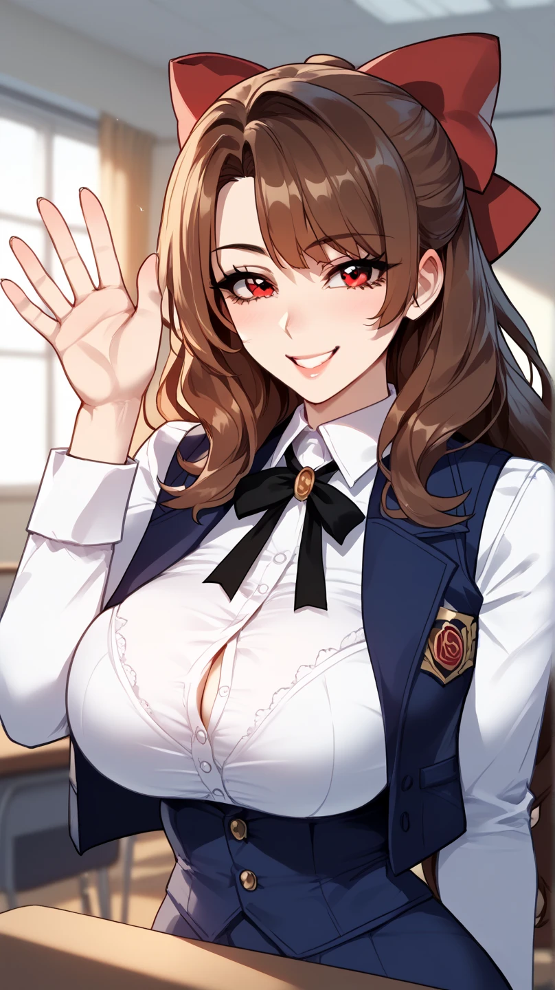 one-girl,nurses,Nurse's uniform,Professional Dress,white uniform,is shy,Top-down view,cleavage,little breast,Front view,brunette color hair,long whitr hair,Red lips,ssmile,Close-up,HighestQuali,Artistically,4K