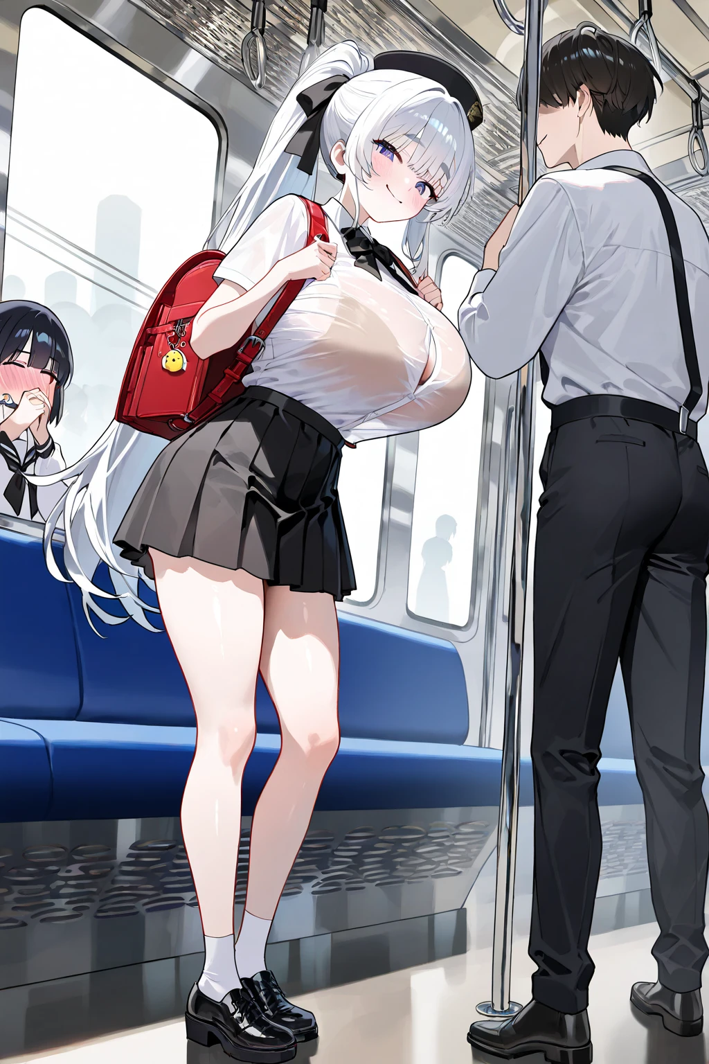 masterpiece, best quality, skirt, bag, jacket, socks, looking at viewer,plaid, blazer, brown hair, plaid skirt,(white socks:1.8),(thigh-high socks:1.8),long sleeves, bangs, open clothes, open jacket, bow, brown eyes, pleated skirt, bowtie, day, long hair, bush, red bow, kneehighs, shirt, sleeves past wrists, backpack,, red bowtie,(beige jacket:1.8), school bag,(brown skirt:1.8), blurry, collared shirt, miniskirt, white shirt, cardigan, grass, sweater, light smile, (Illustration:0.8),(Fully exposed panties:1.8)、(1 girl standing:1.5),nsrf,grabbing another's ass,short stature,(orgasm:0.8), BREAK lotr of people,(crowded train:1.8),(rush hour train:1.8),(man with office suit:1.7),BREAK (turn up the skirt:1.7),(shirt lift:1.7),(bra lift:1.8),(open the front of the shirt:1.5), (nipples:1.2), (chikan:1.9),(vaginal sex:1.5), (frying hands:1.1), (fresher:1.5),(16 years old:1.6),(curvy:1.5),(zettai ryouiki:1.8),(cute panties:1.8),(white panties:1.8),(pink panties:1.1),(white bra:1.8), (turn up the brassiere:1.7), (misaligned brassiere:1.5),breast slip,breasts out, BREAK breasta_on_glass,povbrestgrab,(panties shot:1.5),(up skirt:1.5), grabbing another's breast,close contact with men,cohesive,(train:1.7), (surprised),(nose blush),(open clothes:1.3),(disordered shirt:1.1),(undressing:1.5), BREAK (from below:1.8),(cowboy shot:1.9),(dynamic angle:1.8),looking down,(spread legs:1.5),BREAK