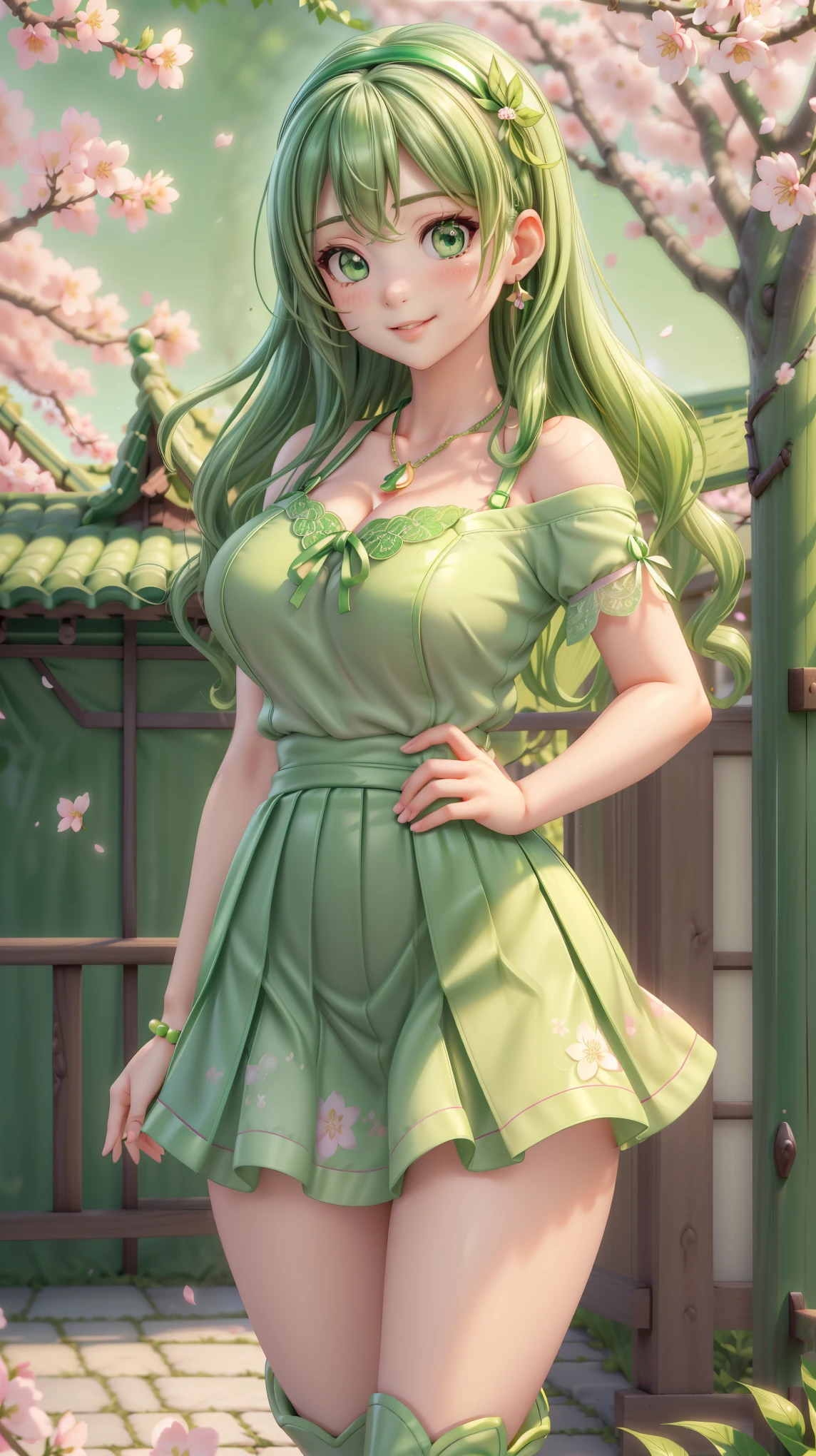 Ultra-realistic, hyper-detailed, 8K, photorealistic, vivid, masterpiece, shiny skin, firm skin, cute, very big hip, Shigeno Kurea, Kubo Won't Let Me Be Invisible, green hair, shoulder-length, wavy, vibrant emerald green, lush volume, beautiful emerald eyes, large sparkling eyes, fair skin, youthful glow, medium close-up camera, gentle smile, confident yet playful expression, standing pose, slight head tilt, one hand on hip, other hand brushing hair, casual setting, no bra, nipple protrusion, wearing tight green crop top, short sleeves, low-cut neckline, revealing toned midriff, high-waisted green pleated mini skirt, thigh-high green lace stockings, green ribbon hairband, subtle makeup, glossy pink lips, modern Japanese street, cherry blossom trees in bloom, soft golden sunlight, green-themed accessories, jade pendant necklace, emerald stud earrings, green nail polish, dynamic composition, shallow depth of field, soft bokeh, natural lighting, lively urban atmosphere, green color palette, character essence preserved, playful and vibrant vibe, highly detailed textures, intricate hair strands, realistic fabric folds, delicate skin details, shimmering hair highlights, gentle breeze effect, scattered cherry blossom petals, modern storefronts, cozy cafe background, stylish green handbag, green ankle boots, confident posture, radiant energy, captivating charm, immersive scene, vivid color contrast, harmonious green tones, meticulously crafted, lifelike realism, iconic Shigeno Kurea appearance, youthful elegance, bold yet approachable aura