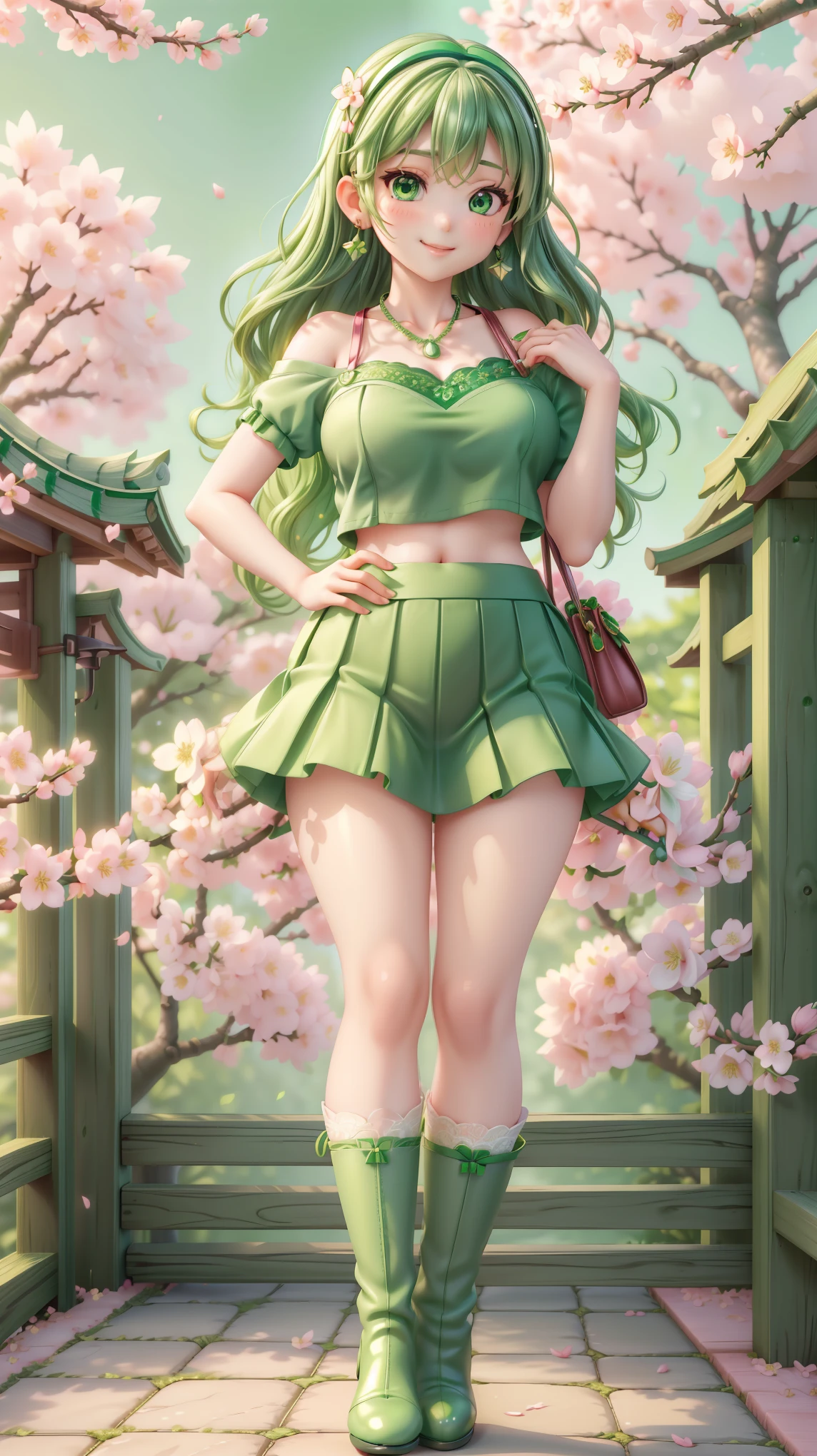 Ultra-realistic, hyper-detailed, 8K, photorealistic, vivid, masterpiece, shiny skin, firm skin, cute, very big hip, Shigeno Kurea, Kubo Won't Let Me Be Invisible, green hair, shoulder-length, wavy, vibrant emerald green, lush volume, beautiful emerald eyes, large sparkling eyes, fair skin, youthful glow, medium close-up camera, gentle smile, confident yet playful expression, standing pose, slight head tilt, one hand on hip, other hand brushing hair, casual setting, no bra, nipple protrusion, wearing tight green crop top, short sleeves, low-cut neckline, revealing toned midriff, high-waisted green pleated mini skirt, thigh-high green lace stockings, green ribbon hairband, subtle makeup, glossy pink lips, modern Japanese street, cherry blossom trees in bloom, soft golden sunlight, green-themed accessories, jade pendant necklace, emerald stud earrings, green nail polish, dynamic composition, shallow depth of field, soft bokeh, natural lighting, lively urban atmosphere, green color palette, character essence preserved, playful and vibrant vibe, highly detailed textures, intricate hair strands, realistic fabric folds, delicate skin details, shimmering hair highlights, gentle breeze effect, scattered cherry blossom petals, modern storefronts, cozy cafe background, stylish green handbag, green ankle boots, confident posture, radiant energy, captivating charm, immersive scene, vivid color contrast, harmonious green tones, meticulously crafted, lifelike realism, iconic Shigeno Kurea appearance, youthful elegance, bold yet approachable aura