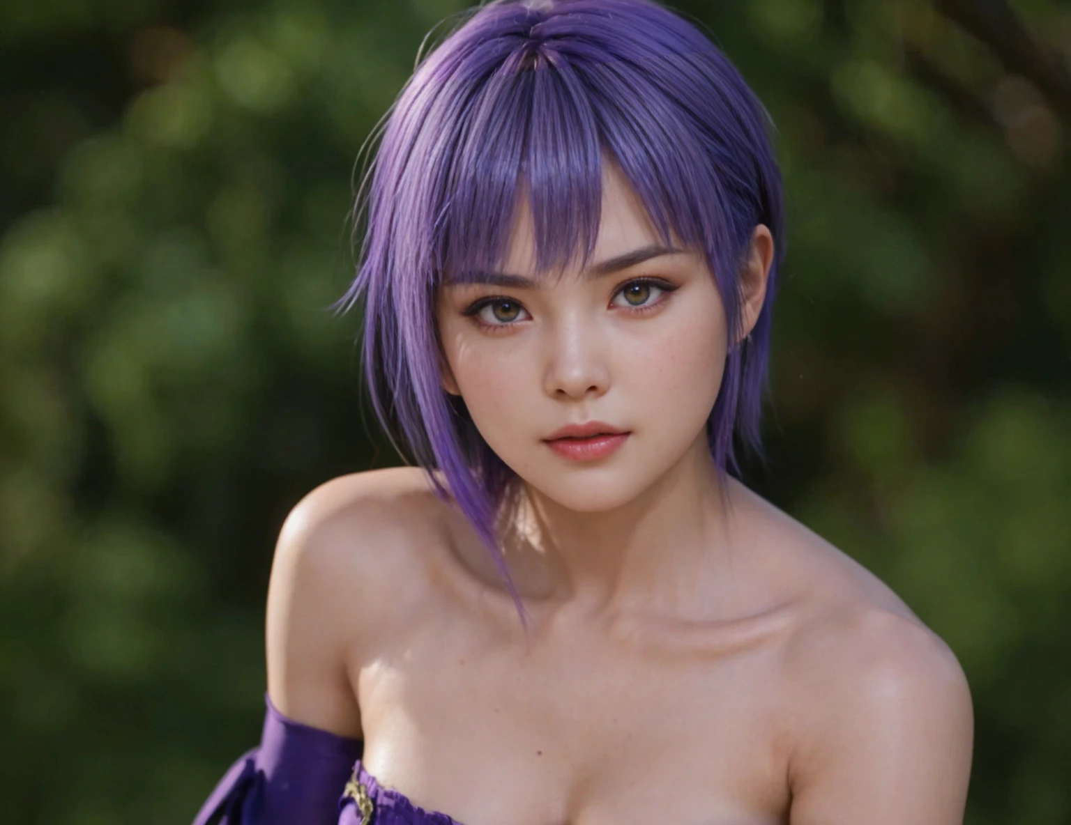 (best quality:1.1), (Masterpiece:1.2), Portrait, 1 girl, Yuzuriha_(Jigokuraku), purple hair, brown eyes, Ninja, Open the clothes., cleavage, small breasts, topknot, medium hair, chest apart, White Obi, Beaming, Lush outdoors:1.1), flower (NSFW 1.5)