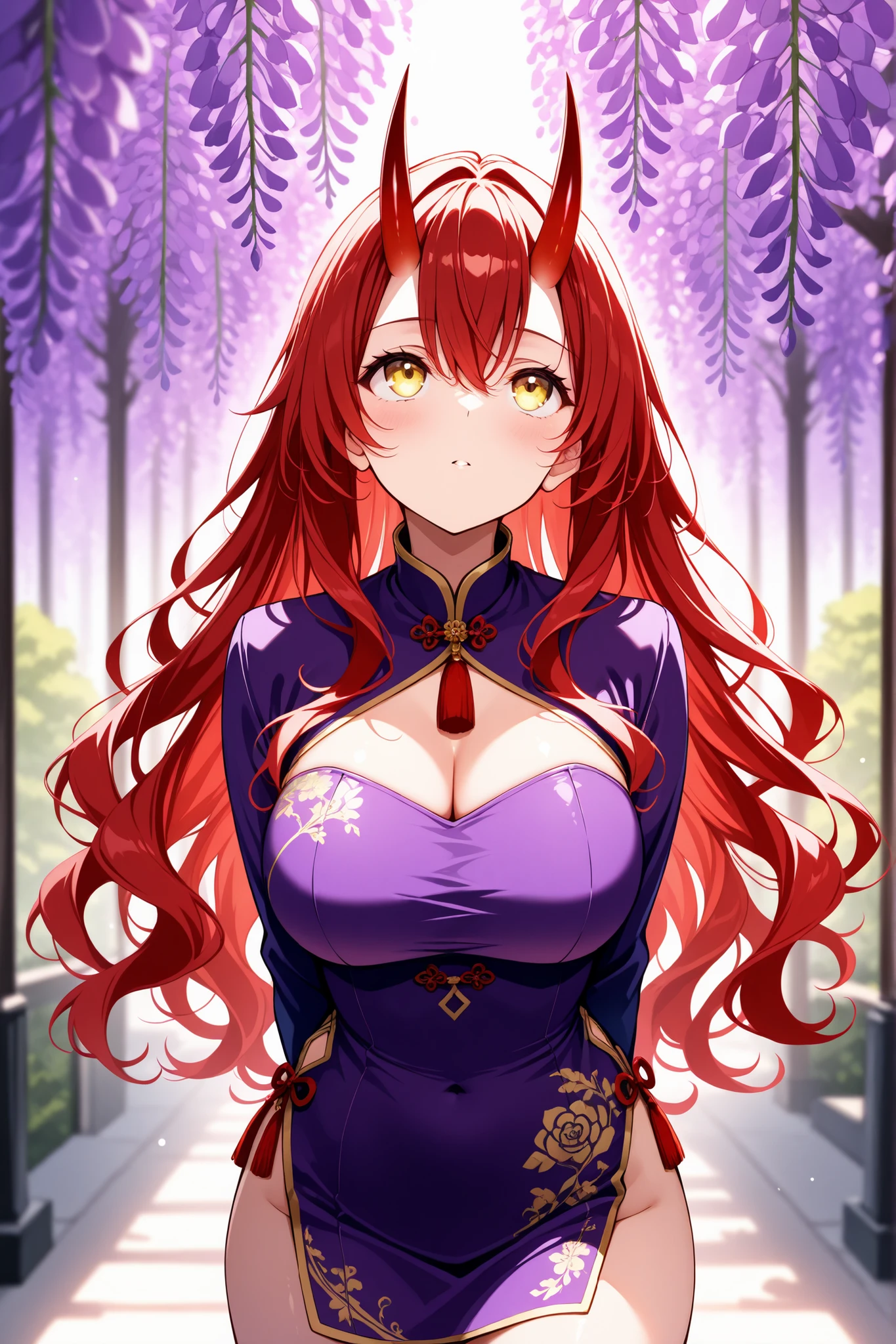 (masterpiece),(absurdres),(ultra detailed),solo lady,(23-year-old),cowboy shot,wisteria:1.2,bokeh snow,bokeh lighting,mini Cheongsam,purple costume,(solo woman),(24-year-old),(big breast:0.9),(wavy hair),(long red hair:1.1),hair between eyes,(()),(yellow eyes),(()),(red horns of a Oni to forehead:1.ide view:0.5,looking up),椛