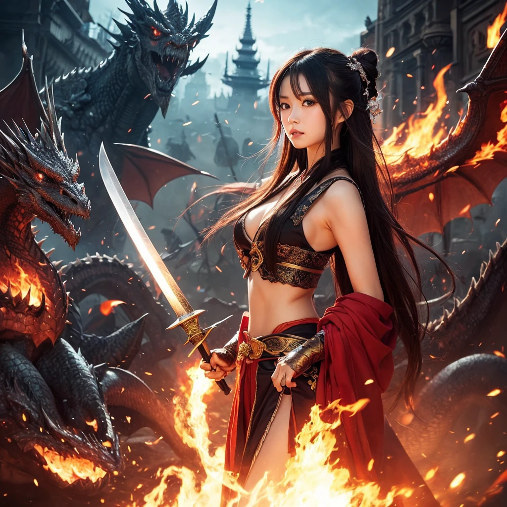 women With strong armor.
holding a long, drawn katana.
a huge dragon is seen spewing fierce flames.
dramatic background of fantasy warfare, dim light, flaming fire effect.