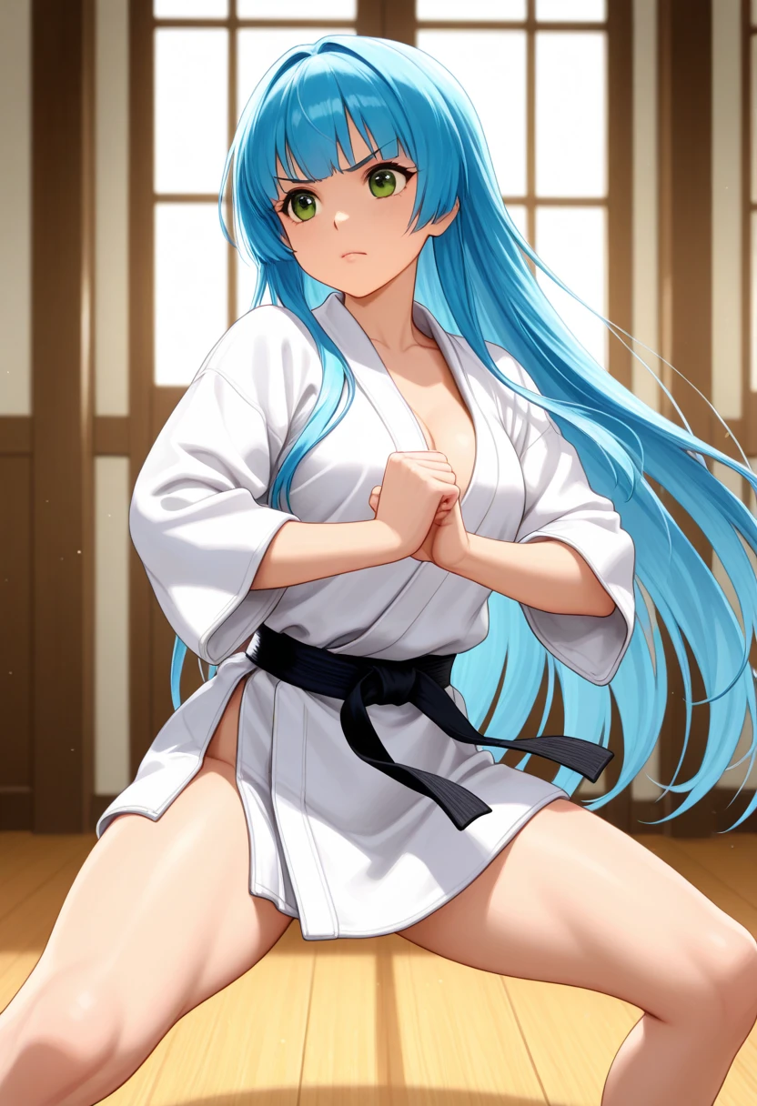 (masterpiece, best quality, detailed), 1girl, solo, looking at viewer, c.c., yellow eyes, green hair, long hair, bangs, medium breasts,
<lora:Dougi2:1>, dougi, martial arts belt, <lora:school_gym_v0.1:1>, school gym, <lora:standing_split:0.9> standing split, standing on one leg, parted lips, sweatdrop
