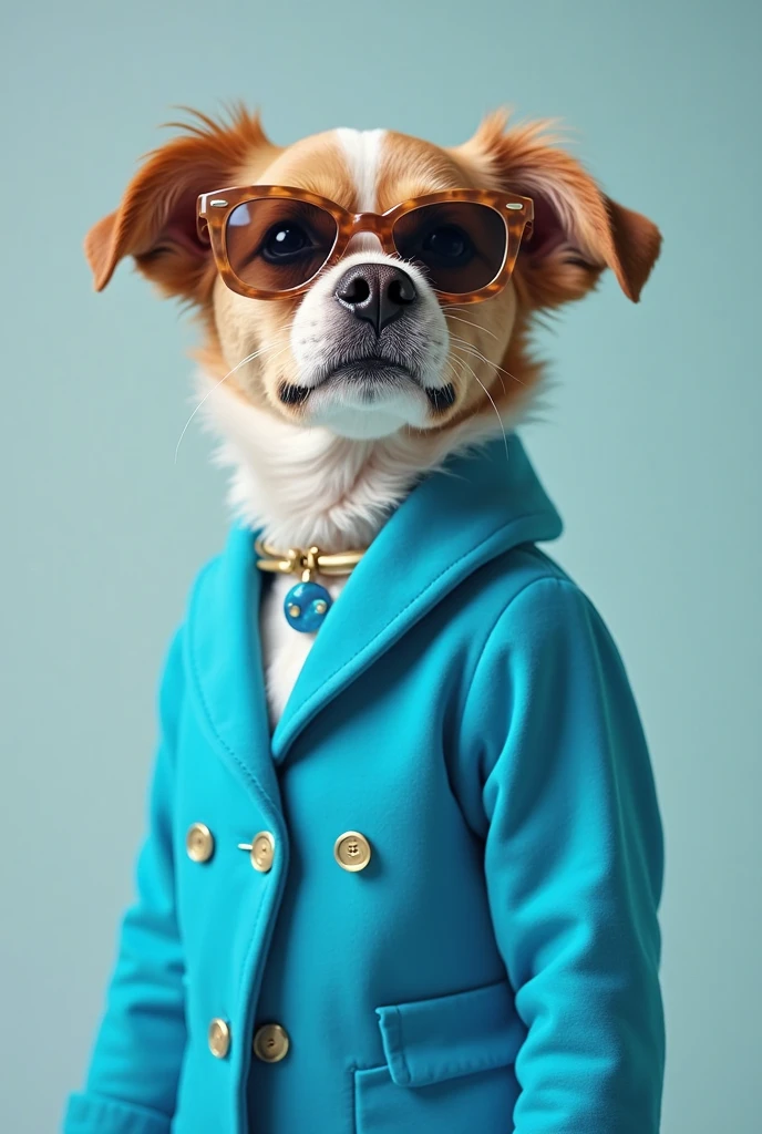 best mobile wallpaper,award - winning wallpaper,Photo photography,Front view of a cute dog,Dressed in mid-1960s space-age fashion,Side view photo,shot with Canon EOS R5,Set a strong contrast to make the subject stand out,Fluorescent blue,Wearing a very modern coat and sunglasses,It's a modern 1960s style,All clothes are one color,Beautiful background