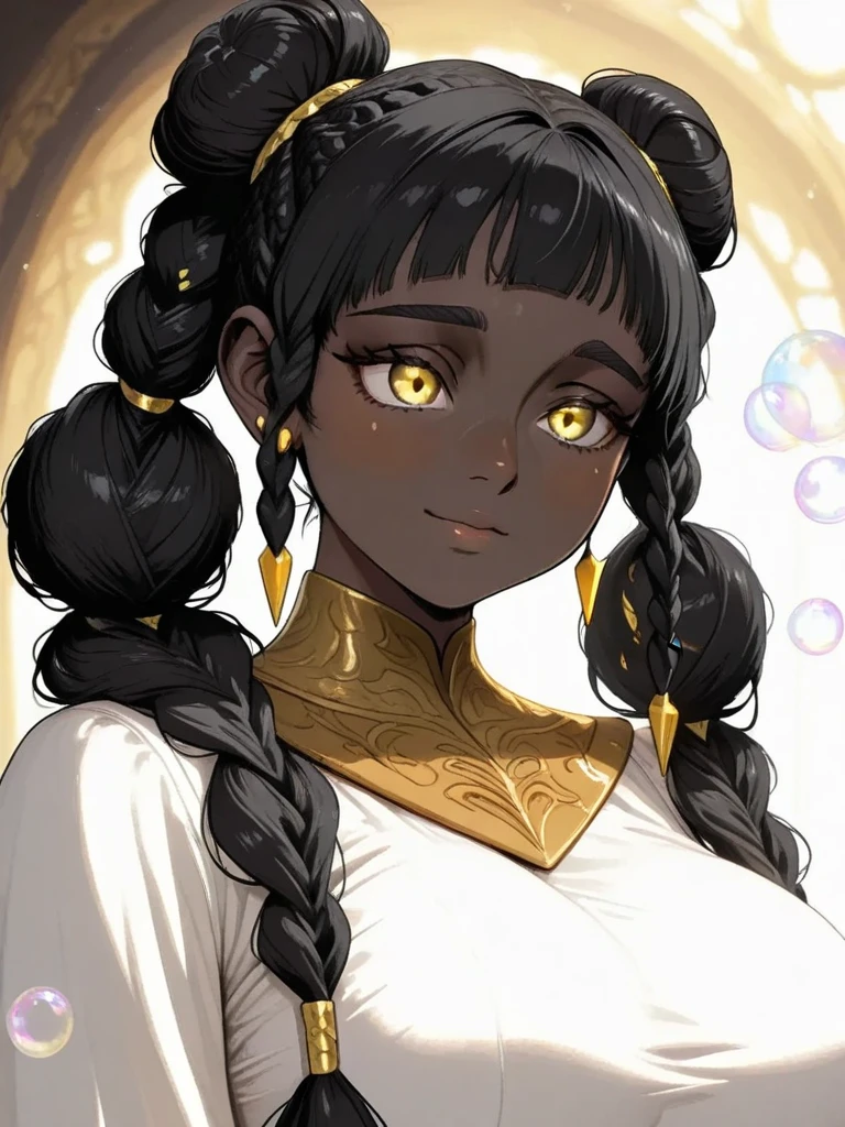 safe_pos, HD, 8k, highres, masterpiece, best quality, solo, 1girl, 

desscaras, dark-skinned female, very dark skin, yellow eyes, black hair, long hair, twintails, bubble braids, bangs, hair buns, large breasts, earrings, jewelry, white dress, 