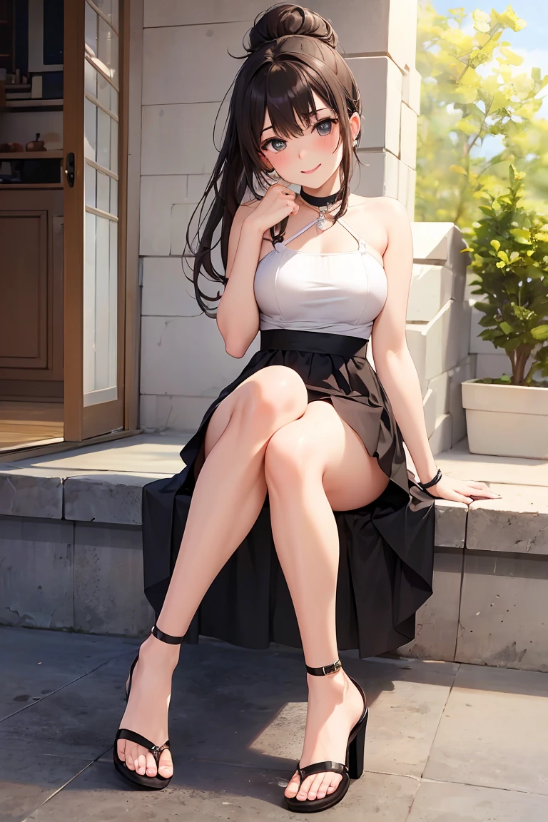 masterpiece,1 girl, solo, panties, bra,(big breasts:1.5), black transparent tighten, short skirt, high heels, --auto