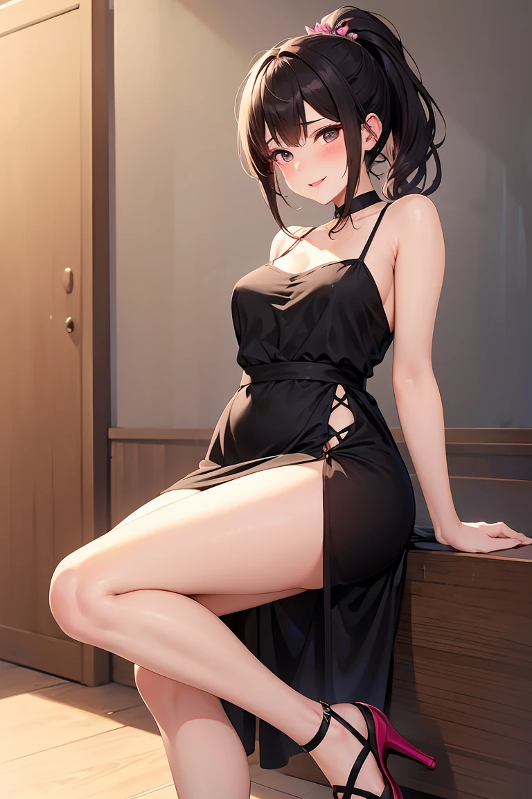masterpiece、highest quality、High resolution、1 girl、Her Room、(alone)、(Beautiful long black hair)、Bright red eyes、blush、smile、thin、thin太もも、((your_Briar_Spy X Family、White hair band、Jet Black Hair、Collapsed on the bed、Underarm、Flanks are visible、I can see your waist、Side bust、Long slit、Open Dress))、(((No underwear)))