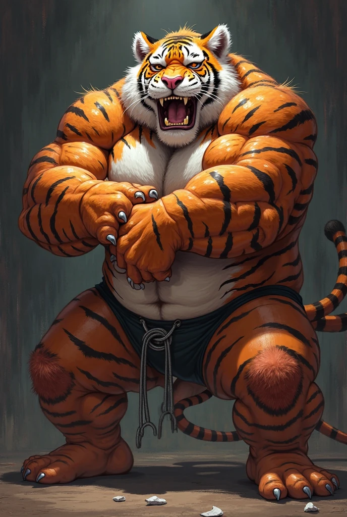 human nature, cannon, male, solitary, ((the strong,Handsome)), (white tiger), Chibo,Six-pack abs,(indoor),Feet facing the audience, Blue shorts,Sweat:1.3,high quality, (4K,high quality, high resolution, masterpiece), cartoon,by lindong
