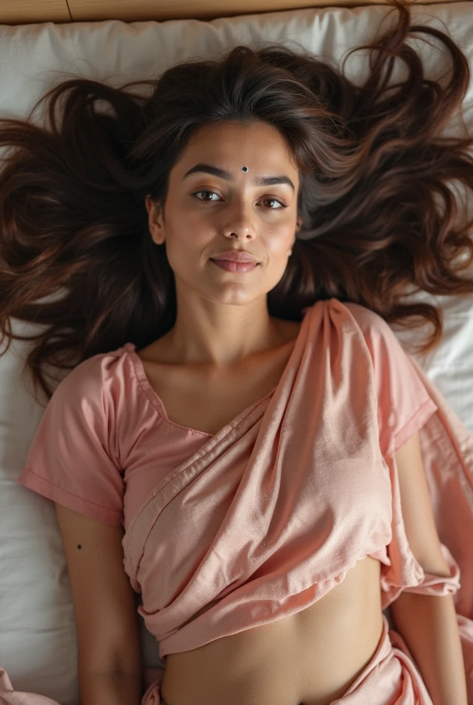 Day scene, full body photo of a plus sized indian woman wearing cream colour nighty, smiling face, face, top view, (Masterpiece, Best Quality, High Resolution), bedroom Background, (cum Splash on her face , cum Splash on her face and breasts, Splash of cum on face, cum Splash on her blouse, cum Splash on her eys), hour glass body red lips, lightly makeup,ultra realistic, realistic, look at viewer (cinematic:1.3), intricate details,