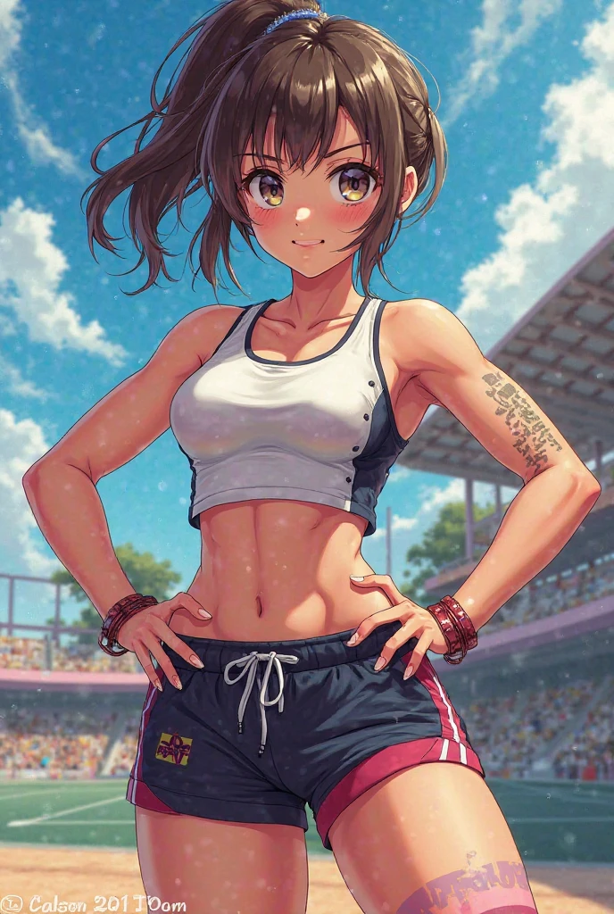 High quality,1 cute girl,(((frontal shot))),full body, cute fit brunette, full of sweat, Highly detailed, masutepiece, professional photograpy, Extreme details, High resolution, nffsw,(((Thigh ))),Paizuri,Shizuzo 100