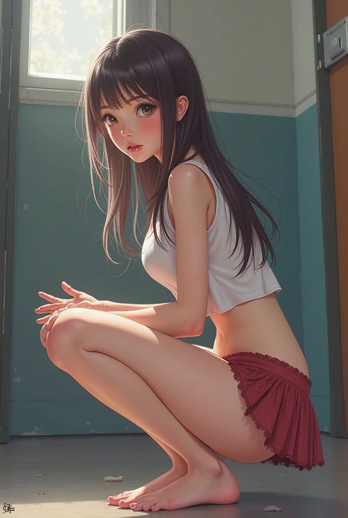 (Hires), (1girl), (18yo), (adult body), (adult body ratio), (cute school girl), (sitting on the floor), (looking at the viewer), (wide breast gap), (flat tiny busts), (blushed face), (detailed skin), (bodyhair:0.5), (black eyeliners), (spreading legs), (white underwear), mathayom uniform, white shirt short sleeves, black pleated long skirt