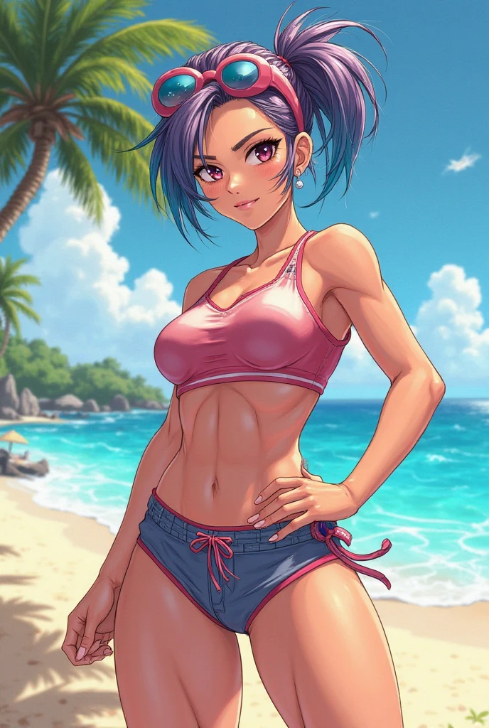 Ronnie Anne, purple hoodie, shorts, black eyes, ponytail, tanned skin, full body, curvy arms, defined legs, beautiful, pose, in the beach, long socks, curvilinear legs, nice torso, nice breast, big hips, belly button marked on clothes, blushing, eyes looking at the sides