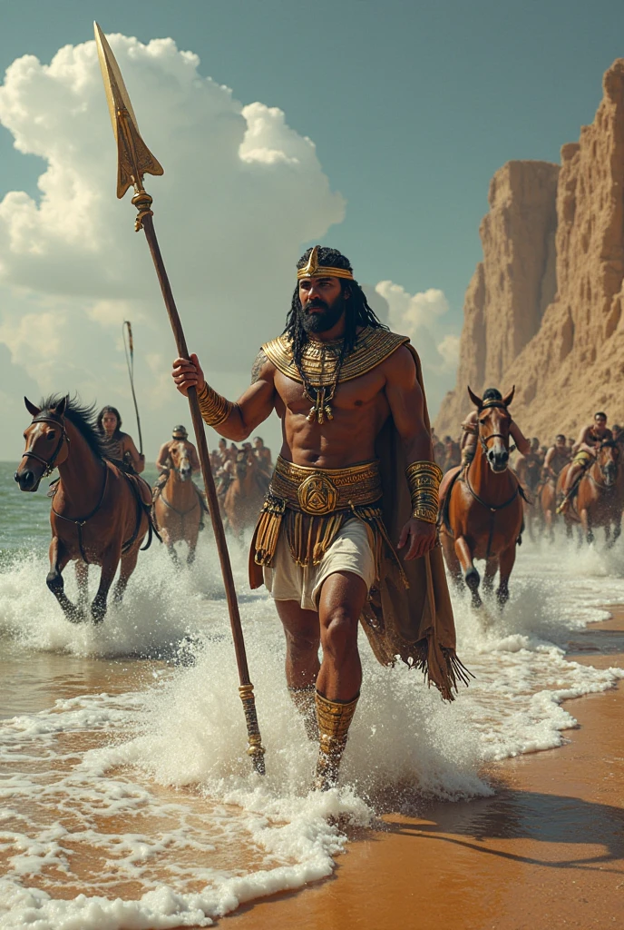 Egyptian Warrior in the midst of departed ocean with running horses cashing isreallite people across in the departed ocean,High-resolution, ultra-realisticphoto