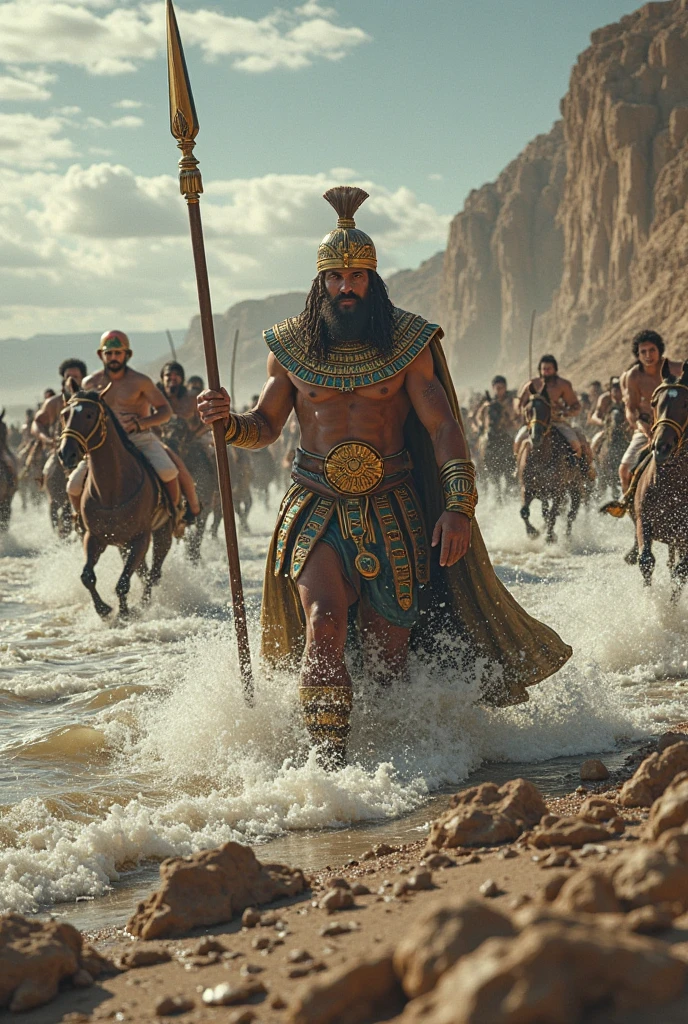 Egyptian Warrior in the midst of departed ocean with running horses cashing isreallite people across in the departed ocean,High-resolution, ultra-realisticphoto