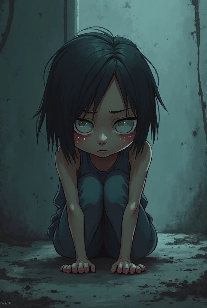 score_9, score_8_up, score_7_up, score_6_up, score_5_up, score_4_up, source_anime, lain, solo, 1girl, young adult, light gray skin, black hair, black eyes, yellow sclera, emotionless, looking at viewer, long bangs, hair between eyes, two tiny orange ram horns, pitch black pupils, long sidelocks, thin eyebrows, soft artstyle, flat chest, tired droopy soft eyes, gray skin, white simple nightgown, white socks, sitting on ground, wires, cables, rating_safe, ghostly, fading, uneven hair, void background, asymmetrical hair, tangled in cables, gray skin