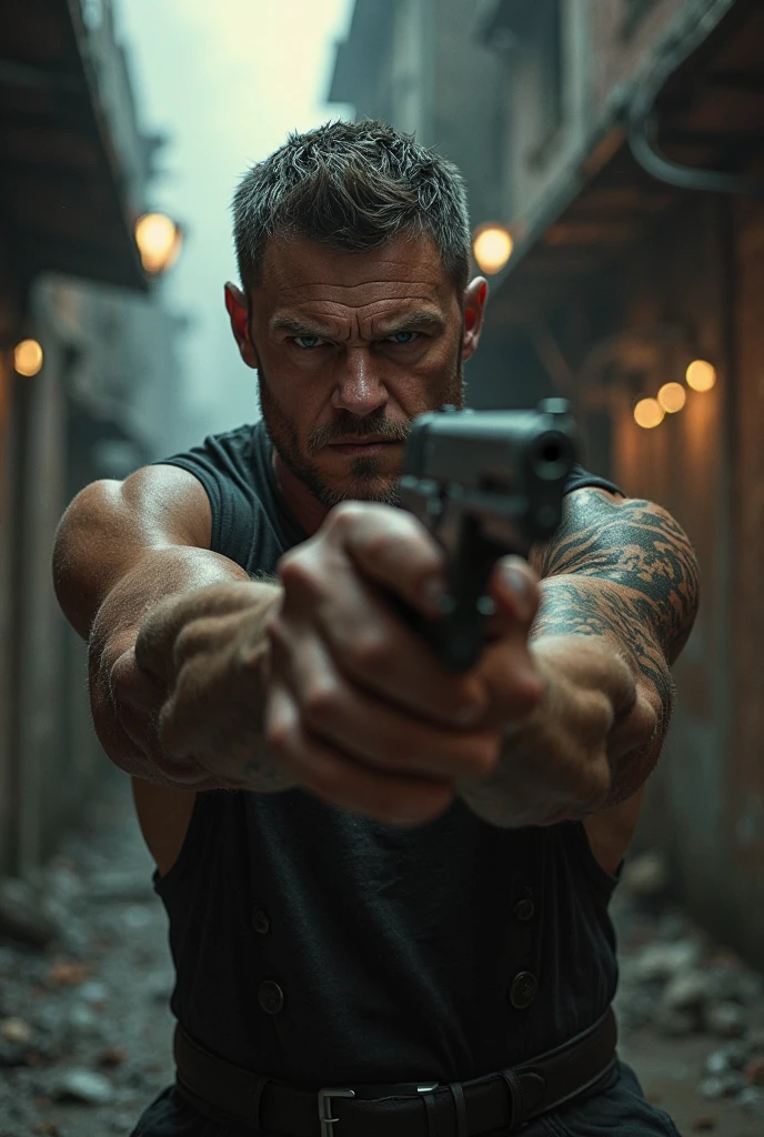 Generate a low angle detailed visual of a man see downward with a modeling look.He has short hair and is pointing a gun with his right hand directly at the camera.But the poster shows the man in low angle frame. From bottom to top angle.There is a bleeding wound on his left hand, around which a cloth is wrapped.The wound on the left hand is wrapped with a cloth, tightened and bitten with the mouth.He has a flexible and slim body and is shirtless. The image should be dramatic and intense, with a focus on the man's expression and posture.Action Movie poster.low angle PIC