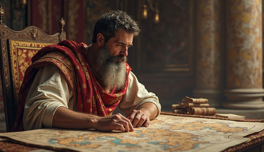 Create an image of Solomon in the middle of a scene from biblical times that represents patience and dedication to work.. Show Solomon studying or planning with a scroll in his hands, surrounded by work tools and ongoing projects. He should be surrounded by symbols of growth and progress, like a well-kept garden or a building being erected. The background should include elements that symbolize time and persistence., like a sundial or a slowly growing tree, highlighting that lasting success is built with patience and dedication
