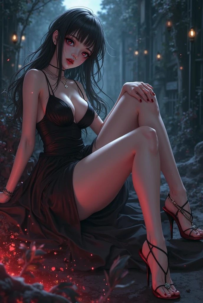 In a dream world a beautiful woman bayonetta, (black hair with red streaks), (perfect face), beauty, seductive, (voluptuous), (completely naked), (wide hips), (normal breasts), athletic waist, (She wears a very transparent plastic bodysuit where her nipples stand out), egs open, full body, very realistic, hd woman in black fishnet dress sitting on stairs with black stockings, a striking 20 Yeats old American model with light brown hair , wavy hair, 185 height, full body photo, draghici face, cute faces wearing a tight fishnet black dress, and attractive features, attractive girl, seduces sight , green eyes, masterpiece lot of details , spreded legs , lack underwear , red Red high heels, rings , necklace , earring, face up, Red lipstic