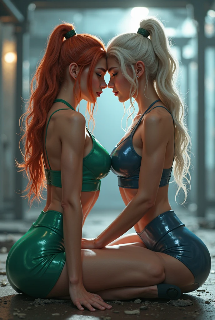 Full body picture of an image of a young very hot and very dark-tanned woman with feminine features and one another blonde woman kissing, full body picture, sexy smile, full body picture, extremely Long messy vermilion-red hair, very muscular, dressed in a ice-blue sexy deep-cut short dress, very medium breasts, sitting in different very sexy poses in a futuristic city, full body photo and digital art, ultra-detailed 16k 3D, realistic