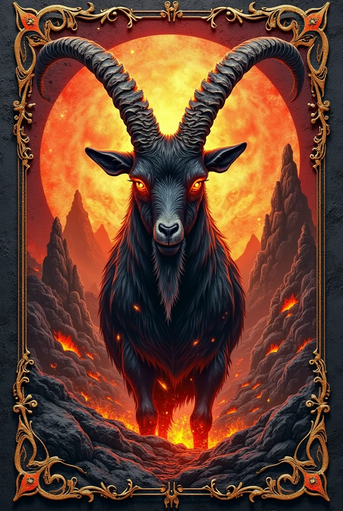 Flyer for metal event Dark cave with satanic pentagrams in the corners, small red moon in the background and a satanic goat Color: black and red